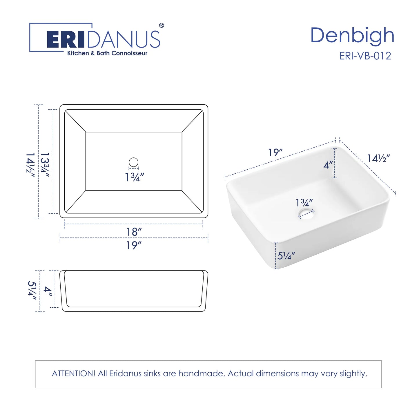 Denbigh 19" x 14'' White Vitreous China Rectangular Vessel Bathroom Sink