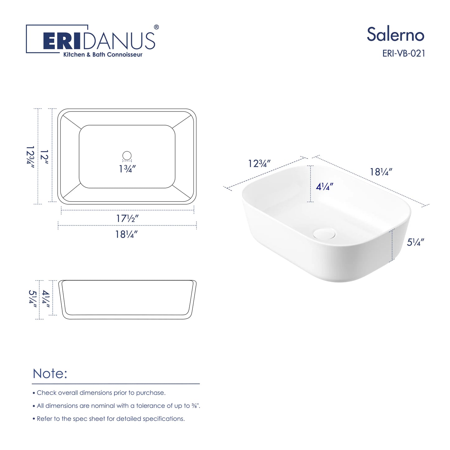 Salerno 18" x 13" Rectangular Vessel Vitreous China Bathroom Sink with Multiple Colors