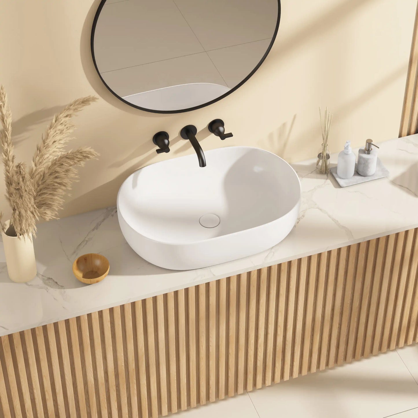Salerno Oval Vessel White Porcelain Bathroom Sink Available in Multiple Sizes