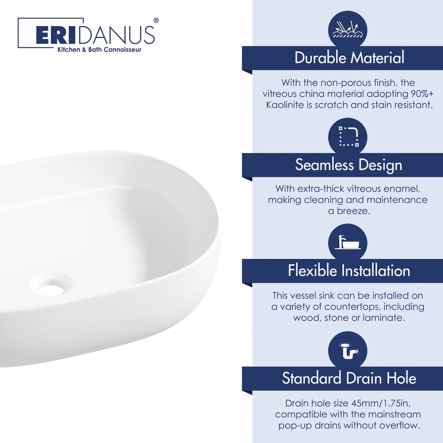 Salerno Oval Vessel White Porcelain Bathroom Sink Available in Multiple Sizes