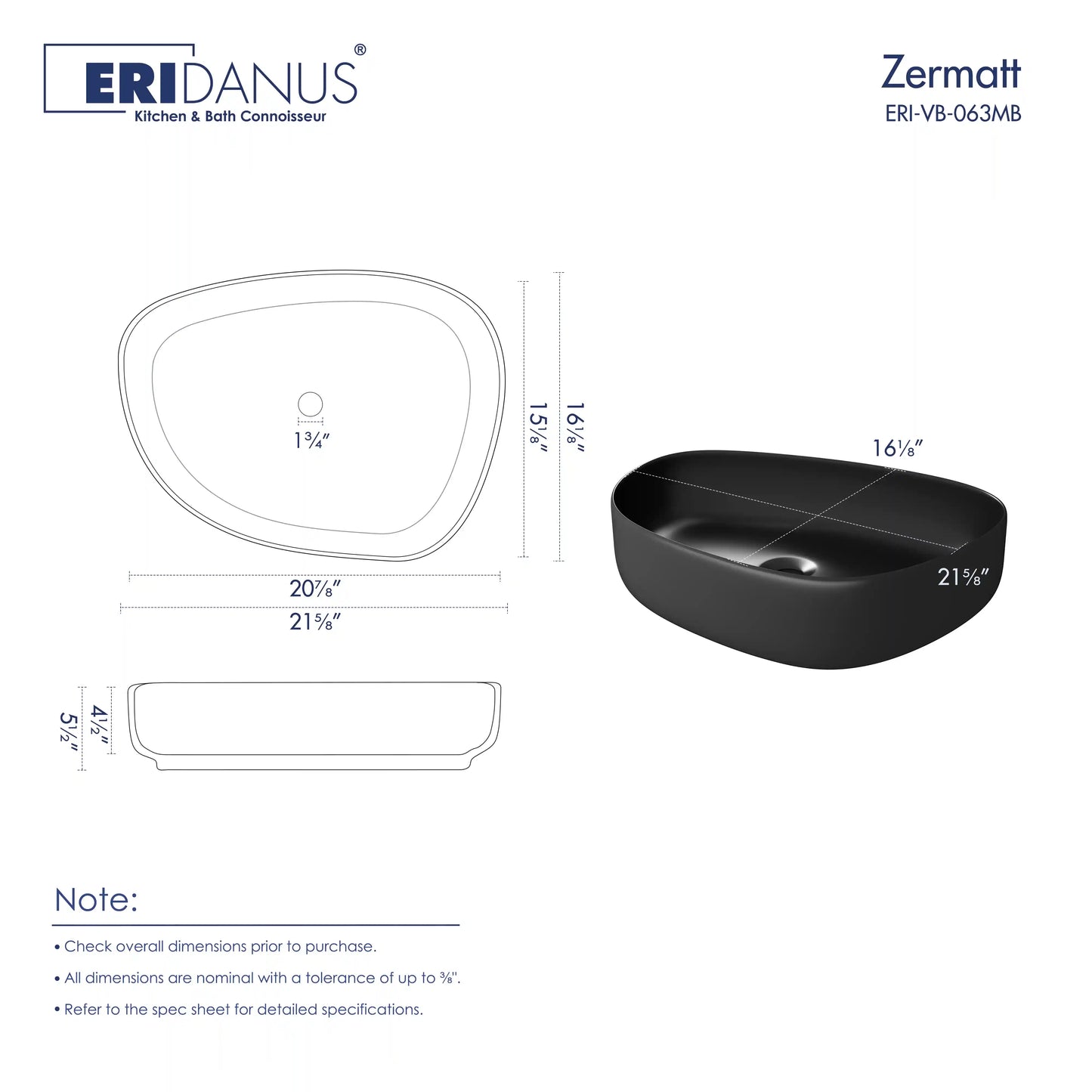 Zermatt 21" x 16" Vitreous China Irregular Bathroom Vessel Sink in Matte Black