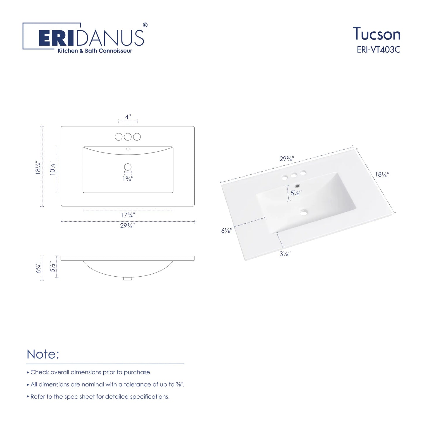 Tucson 30" x 18.25" Vitreous China Single Vanity Top Sink in White (Sink Only, No Vanity)