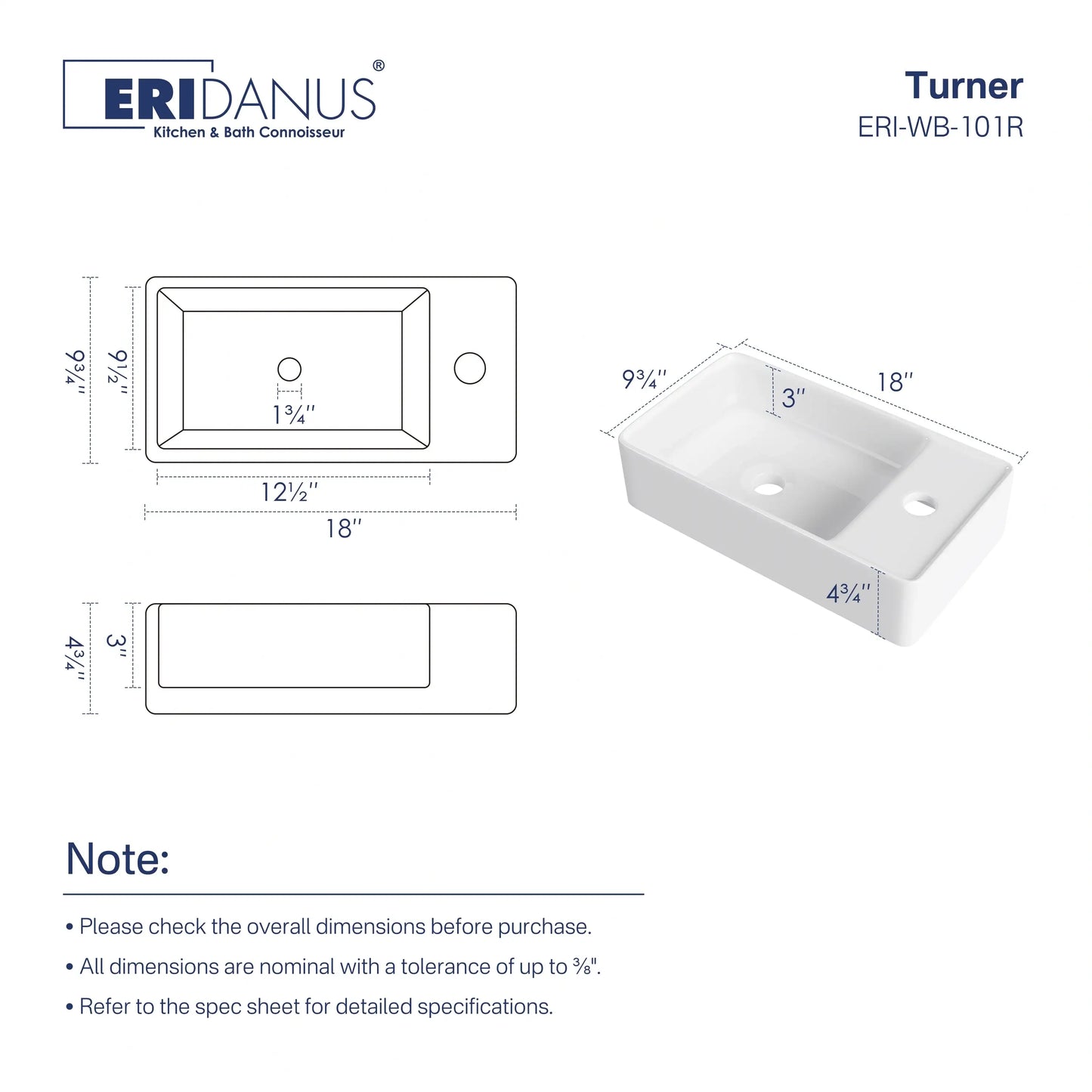 Turner 18" x 10" White Ceramic Rectangular Wall Mount & Vessel Bathroom Sink