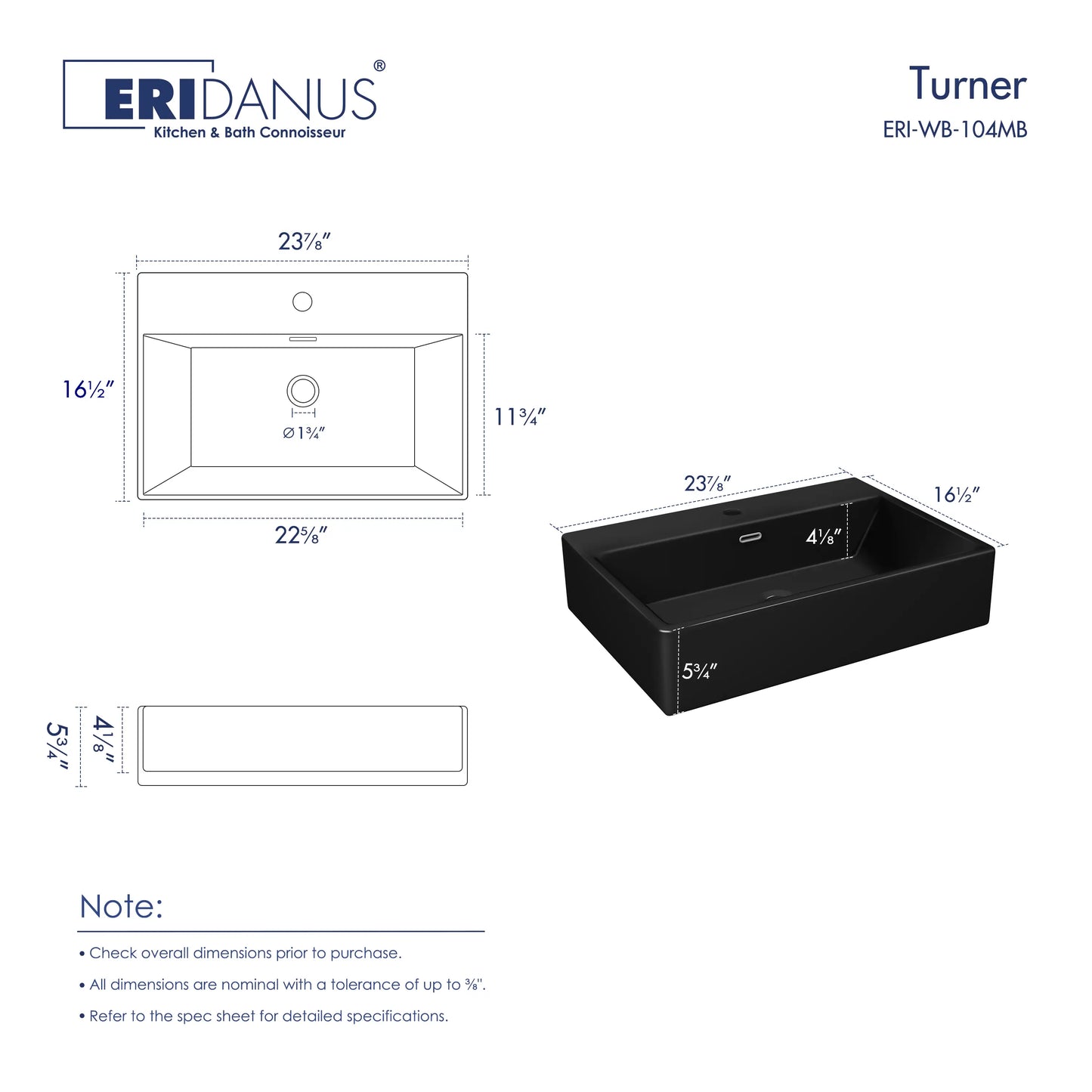 Turner 24" x 16" Rectangular Vessel Vitreous China Wall Mount Bathroom Sink with Overflow, Multiple Colors