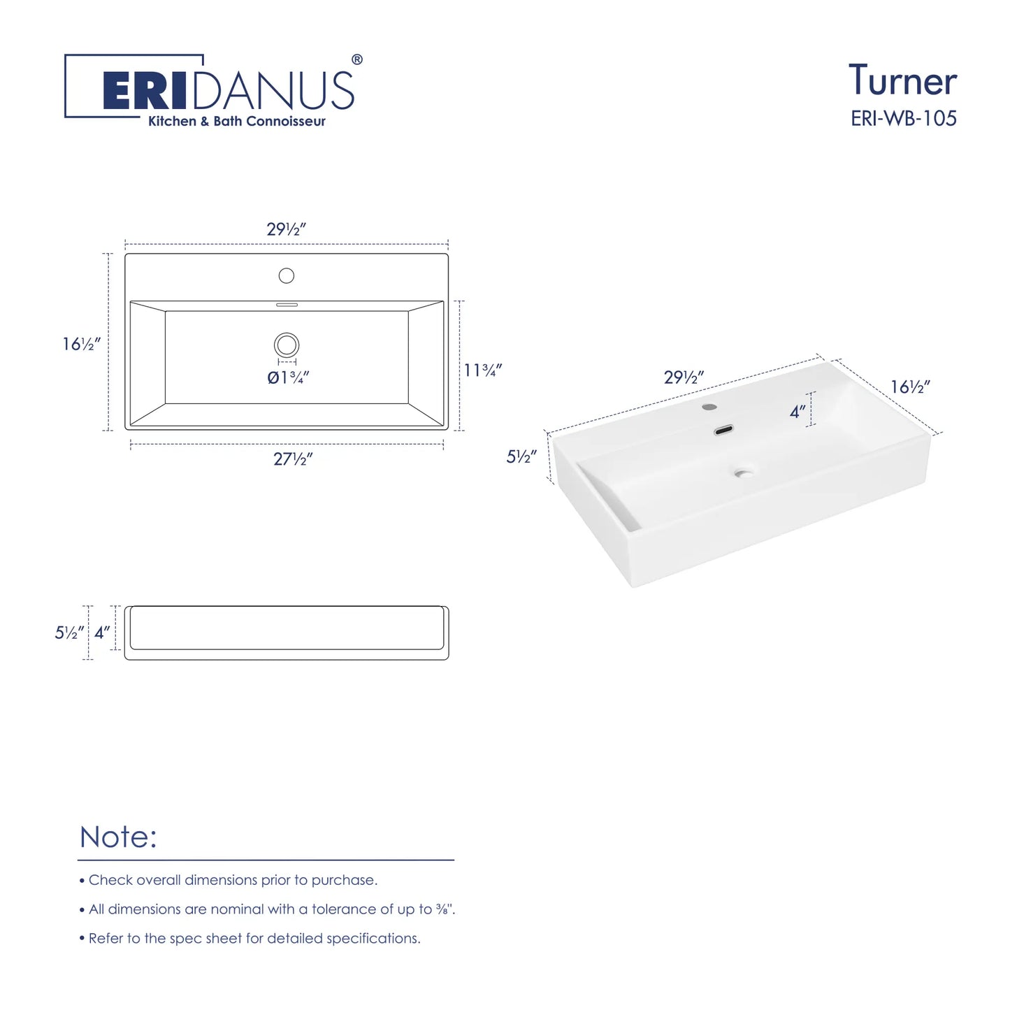 Turner 30" x 16.5" Rectangular Wall Mount Bathroom Sink with Overflow