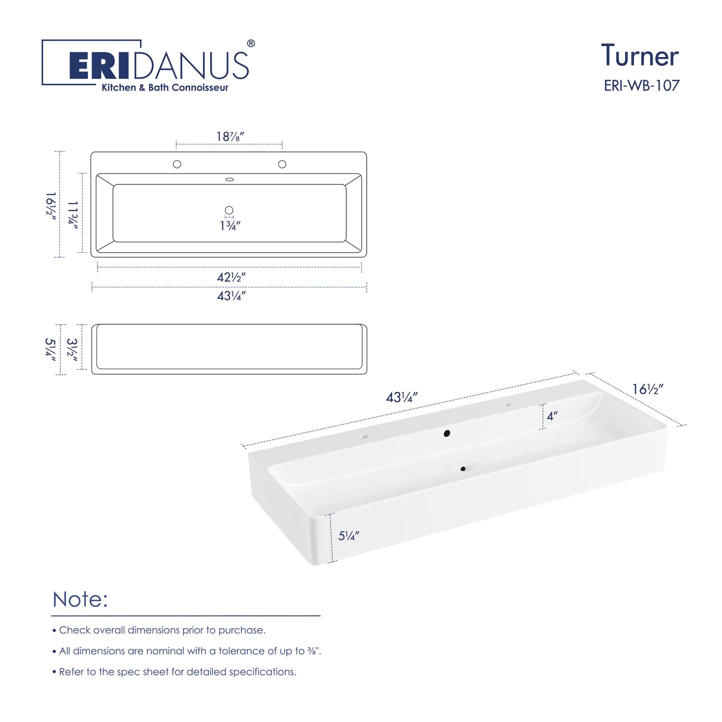 Turner 43" x 16.5" Rectangular Vessel Ceramic Wall Mount Bathroom Sink in White, Two Faucet Holes