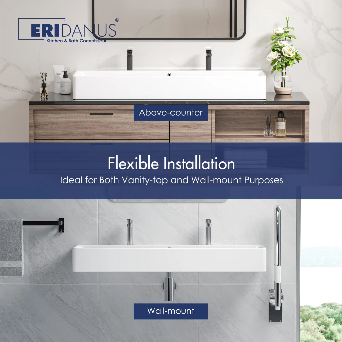 Turner 43" x 16.5" Rectangular Vessel Ceramic Wall Mount Bathroom Sink in White, Two Faucet Holes