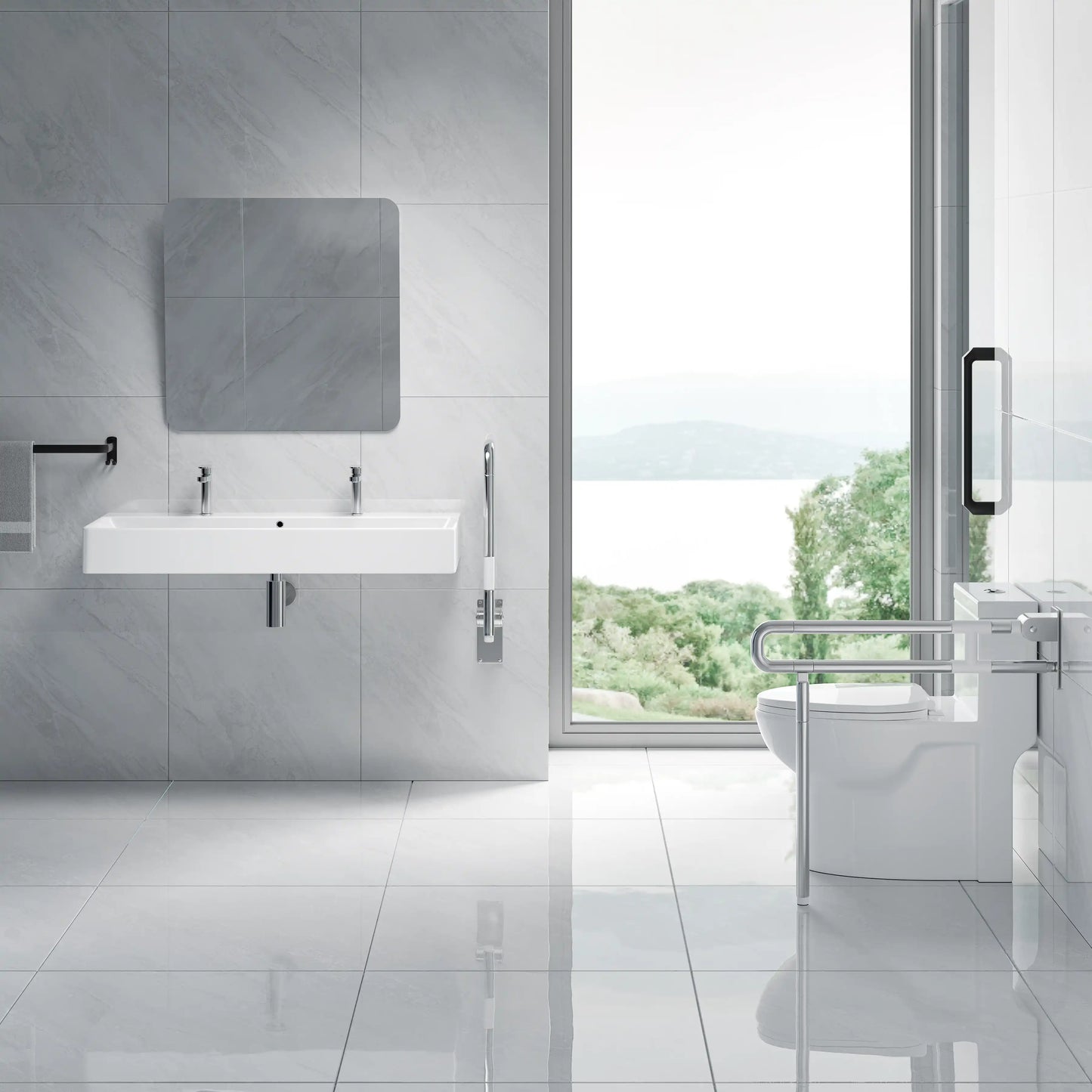 Turner 43" x 16.5" Rectangular Vessel Ceramic Wall Mount Bathroom Sink in White, Two Faucet Holes
