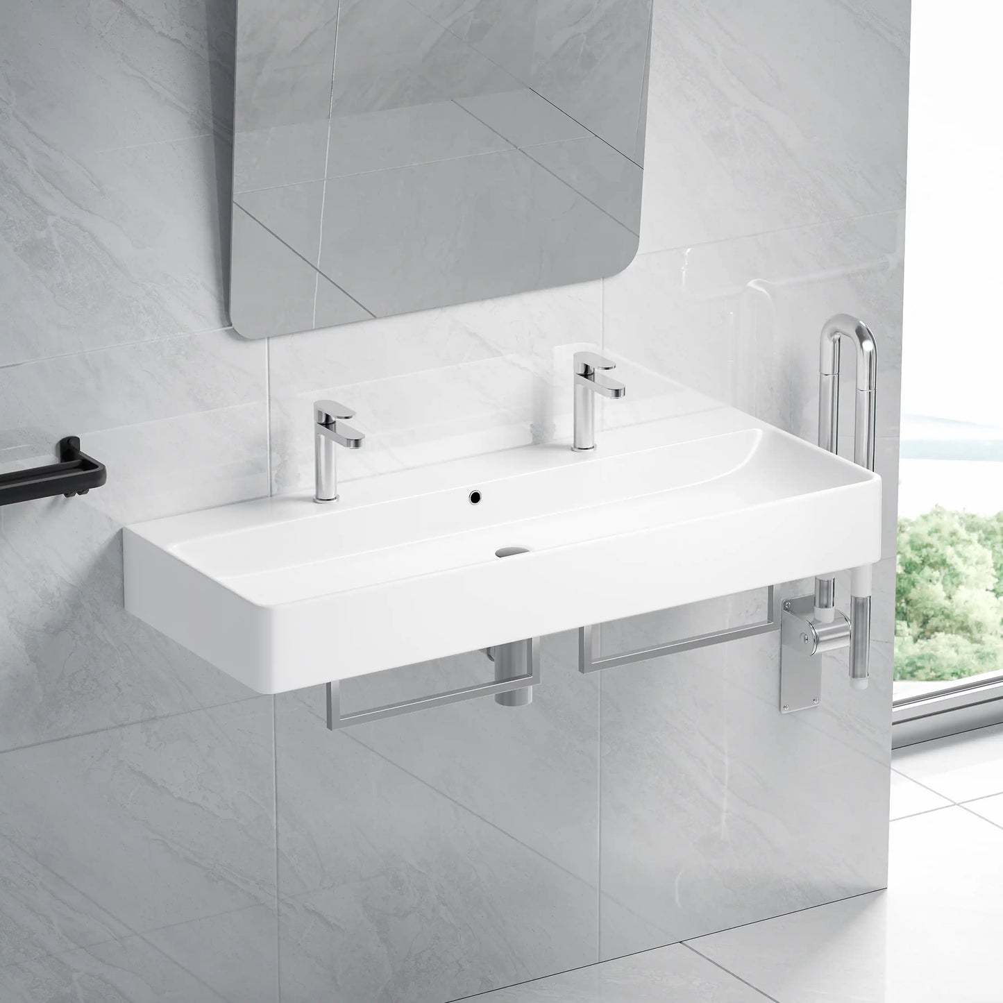 Turner 43" x 16.5" Rectangular Vessel Ceramic Wall Mount Bathroom Sink in White, Two Faucet Holes