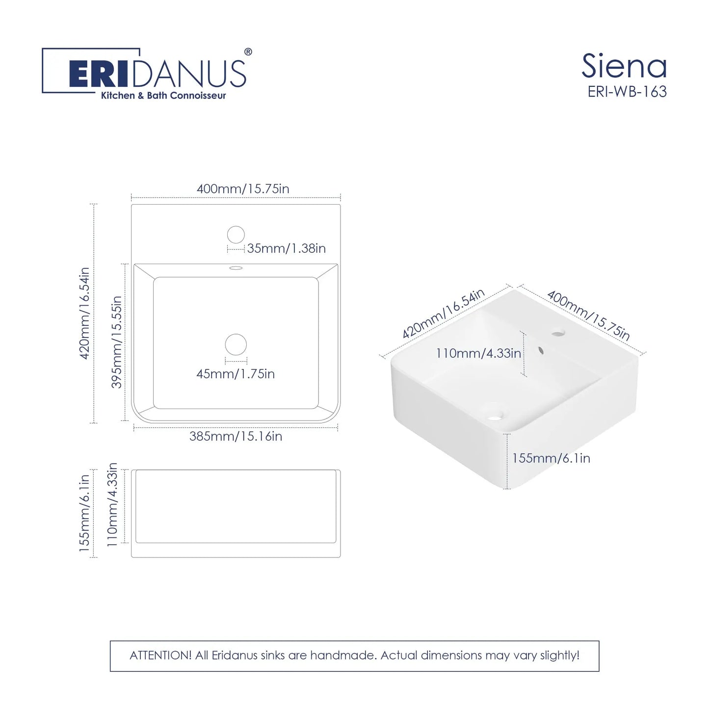 Turner Rectangular Wall-Mount Ceramic Bathroom Sink in White Available in Sizes