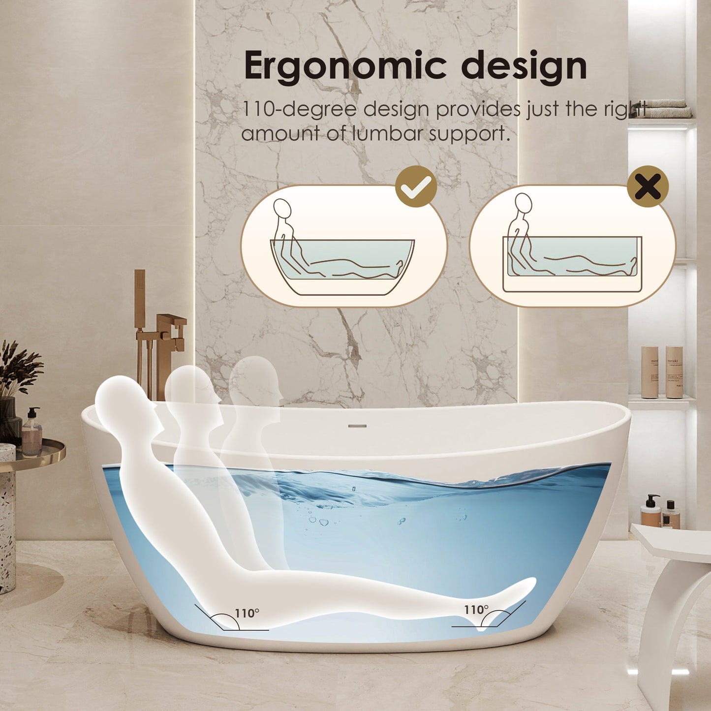 Giselle 65" x 34" Freestanding Solid Surface Soaking Bathtub with Drain and Integrated Overflow
