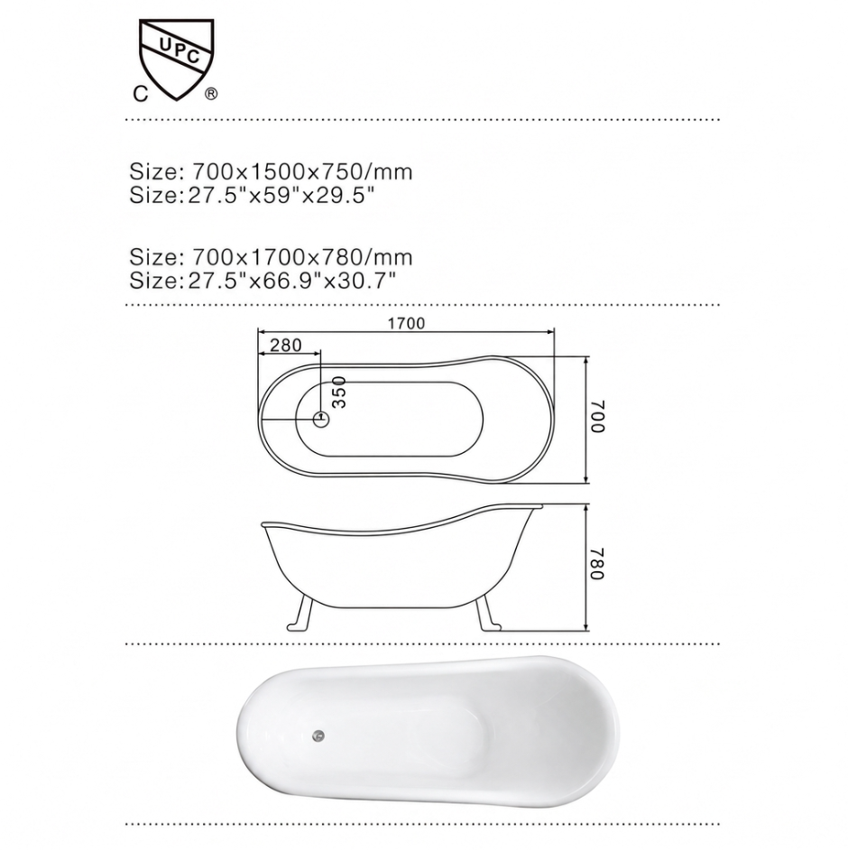 Clawfoot Bathtub with Chrome Eagle Feet | Luxury Victorian Bathroom 170cm