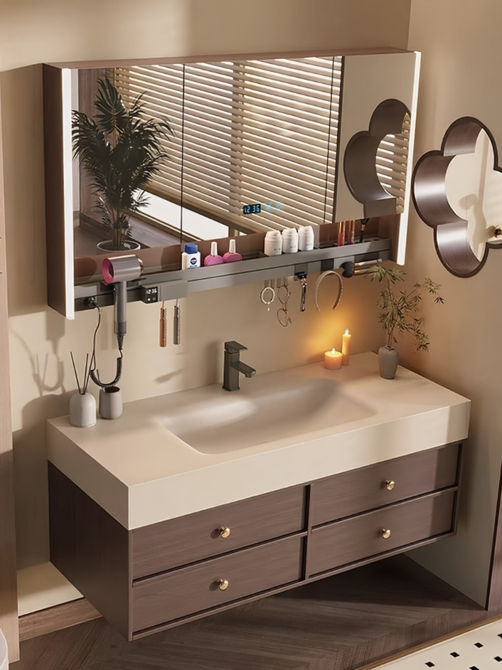 Light-luxury Style Stone One-piece Basin Wall-mounted Bathroom Vanity | Washroom Sink & Cabinet With Mirror Lights