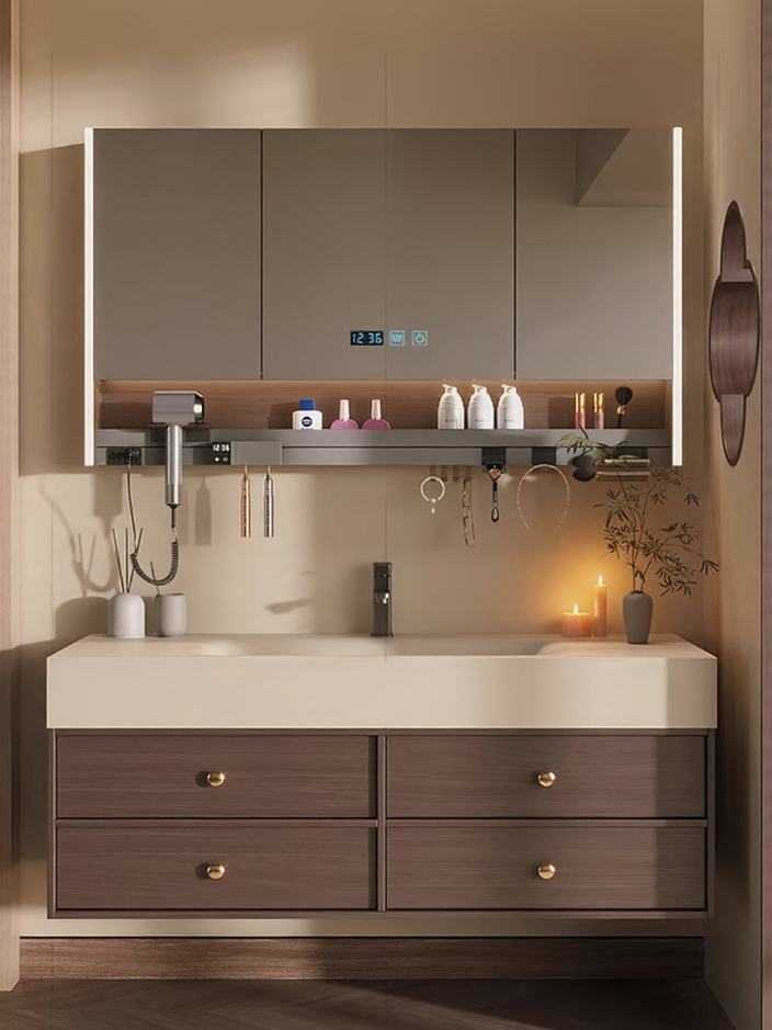 Light-luxury Style Stone One-piece Basin Wall-mounted Bathroom Vanity | Washroom Sink & Cabinet With Mirror Lights
