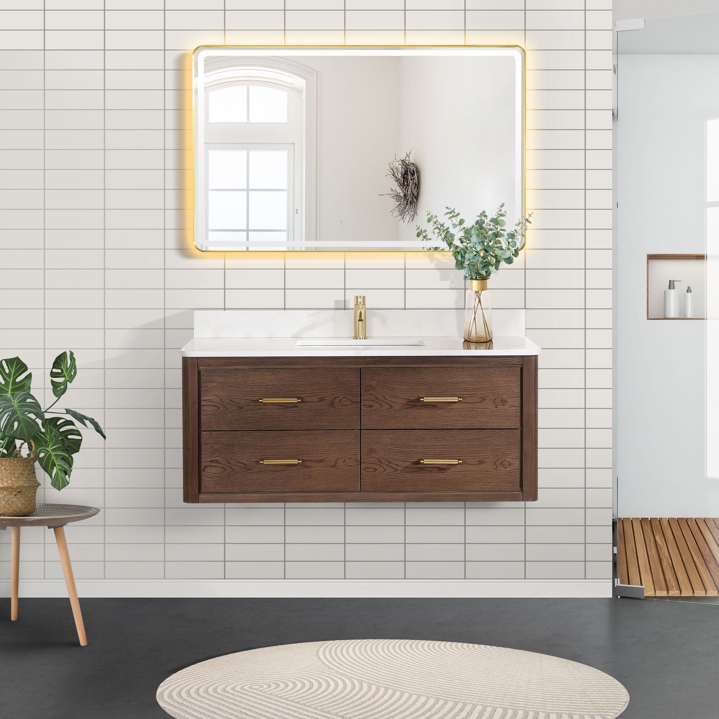 Cristo 48" Floating Single Bath Vanity in Aged Dark Brown Oak with Fish Maw White Quartz Stone Top