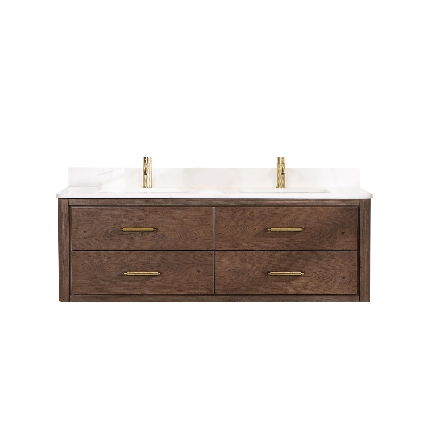 Cristo 60M" Floating Double Bath Vanity in Aged Dark Brown Oak with Fish Maw White Quartz Stone Top