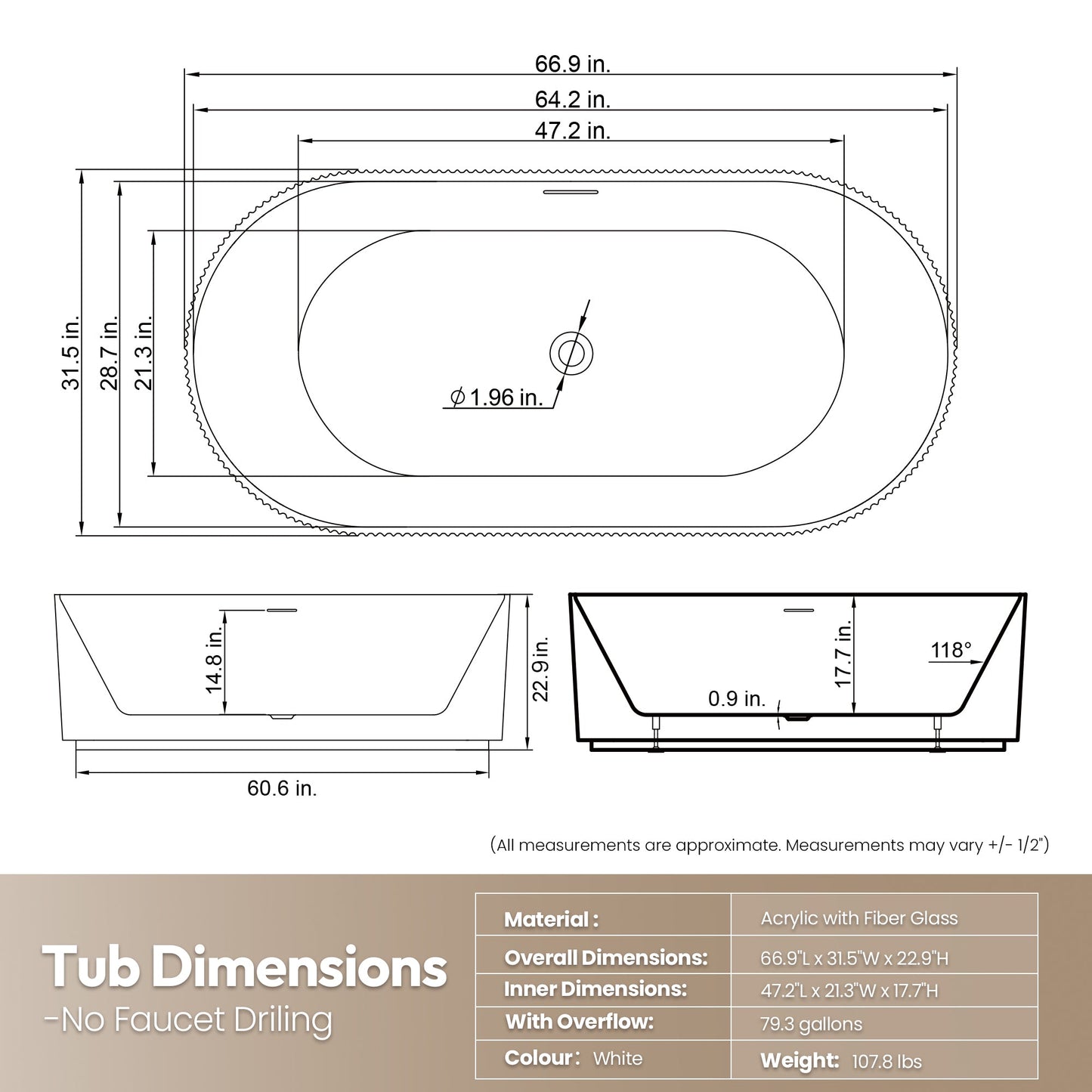 Vinnova Linyi 66.9" x 31.5" Soaking Bathtub