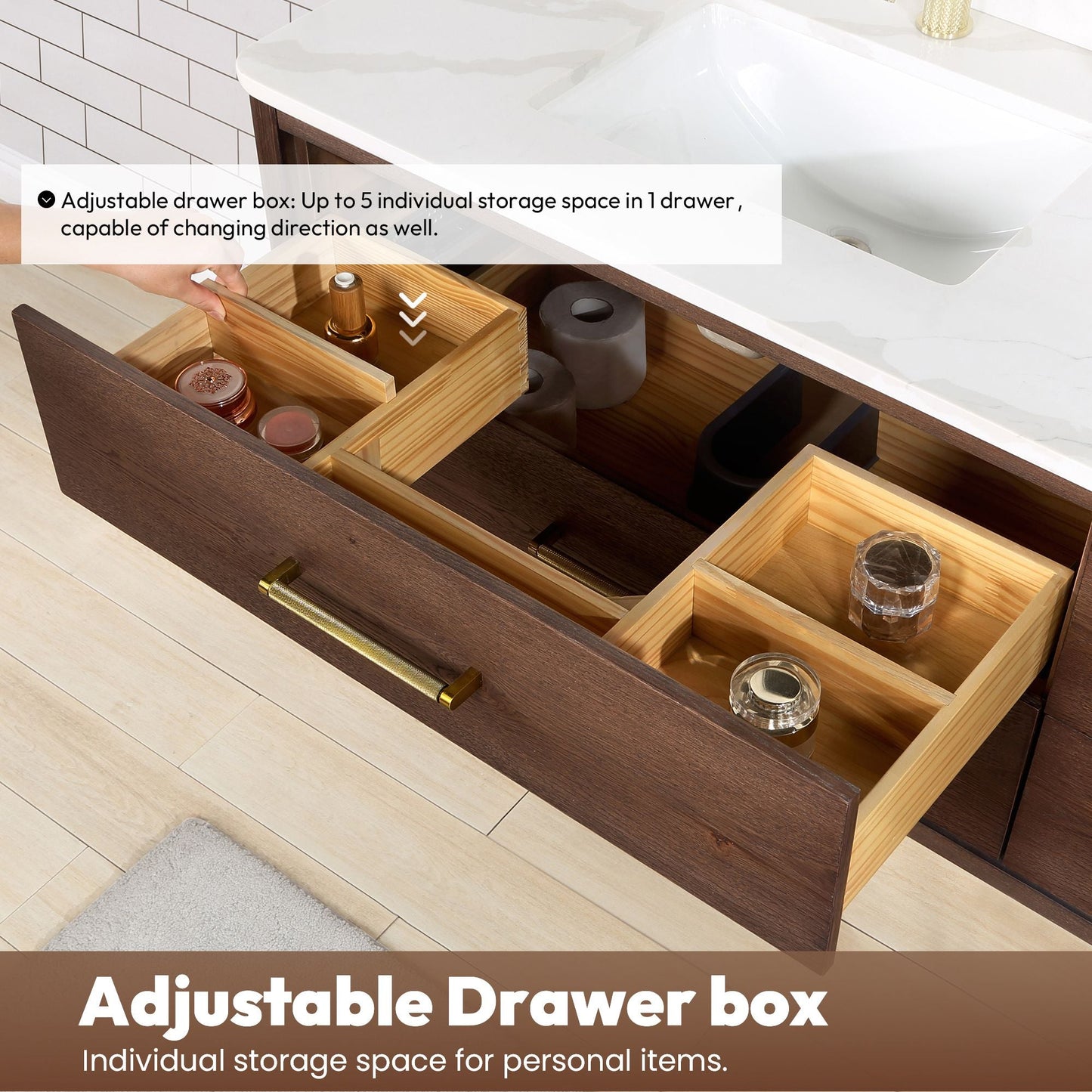 Cristo 60M" Floating Double Bath Vanity in Aged Dark Brown Oak with Fish Maw White Quartz Stone Top