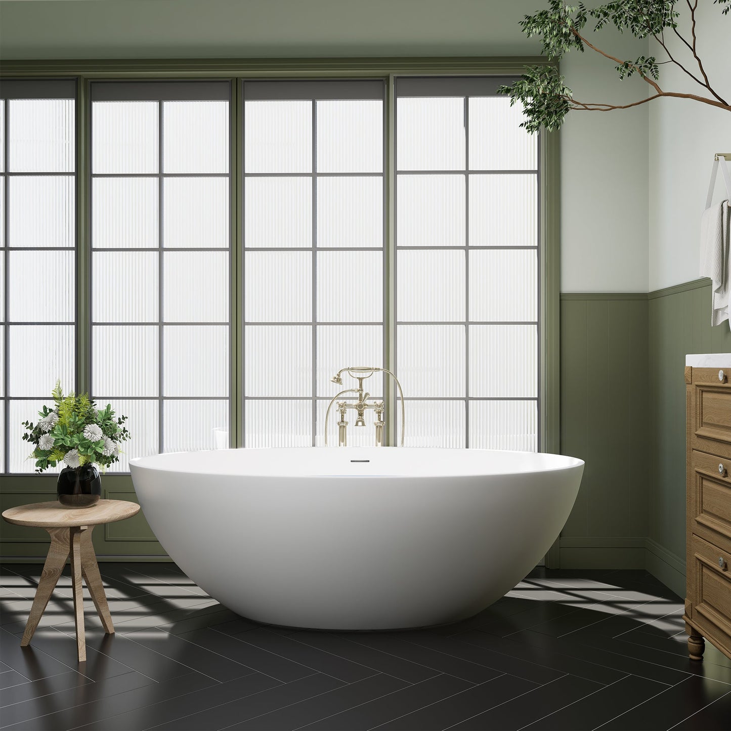 Cacciar 67" x 39" Solid Surface Soaking Bathtub in Matte White with Matte White Drain and Integrated Overflow