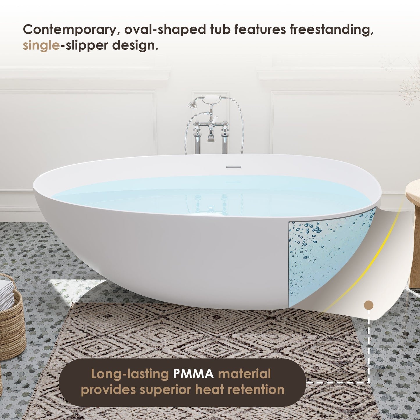 Giotto Solid Surface Soaking Bathtub in Matte White with Matte White Drain and Integrated Overflow