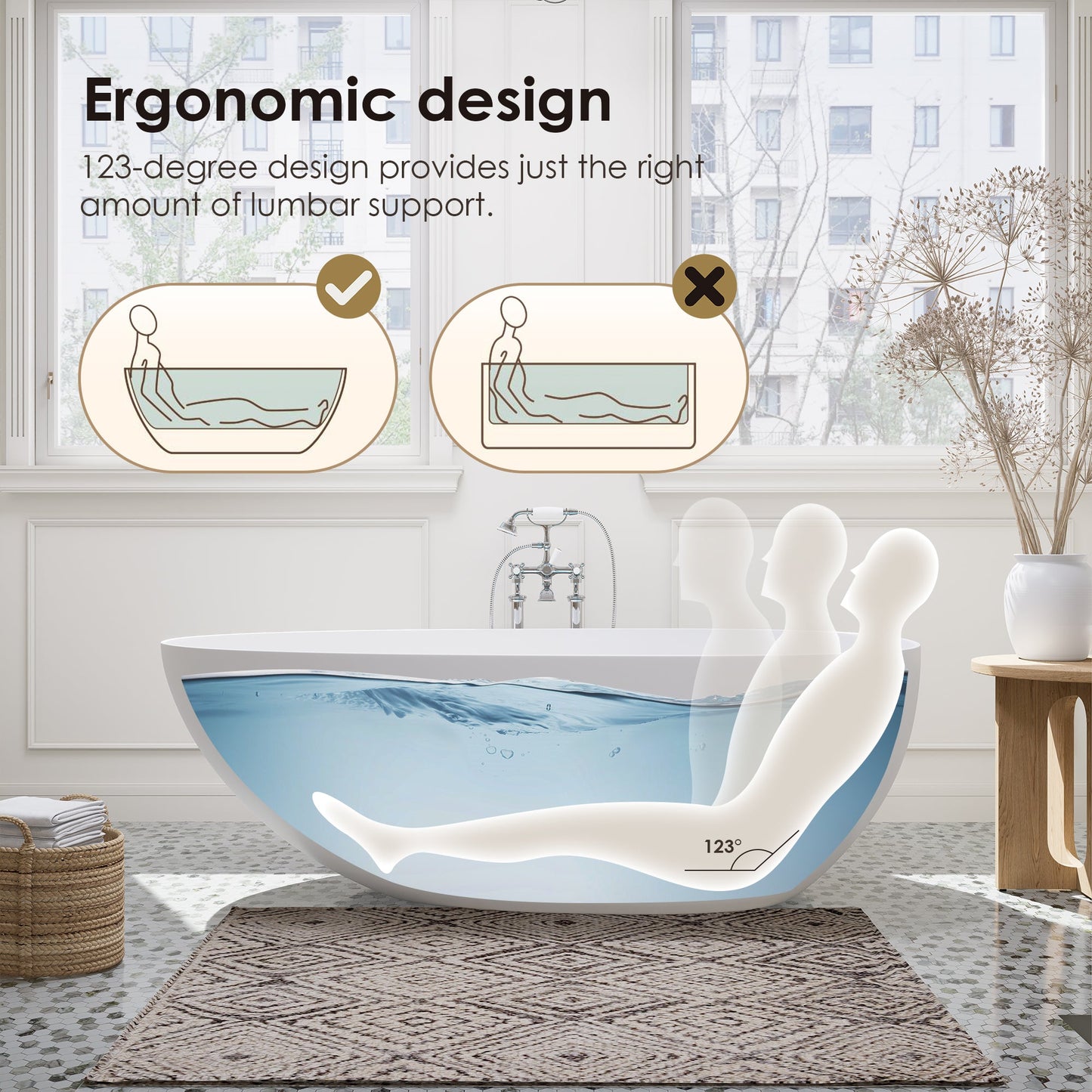 Giotto Solid Surface Soaking Bathtub in Matte White with Matte White Drain and Integrated Overflow