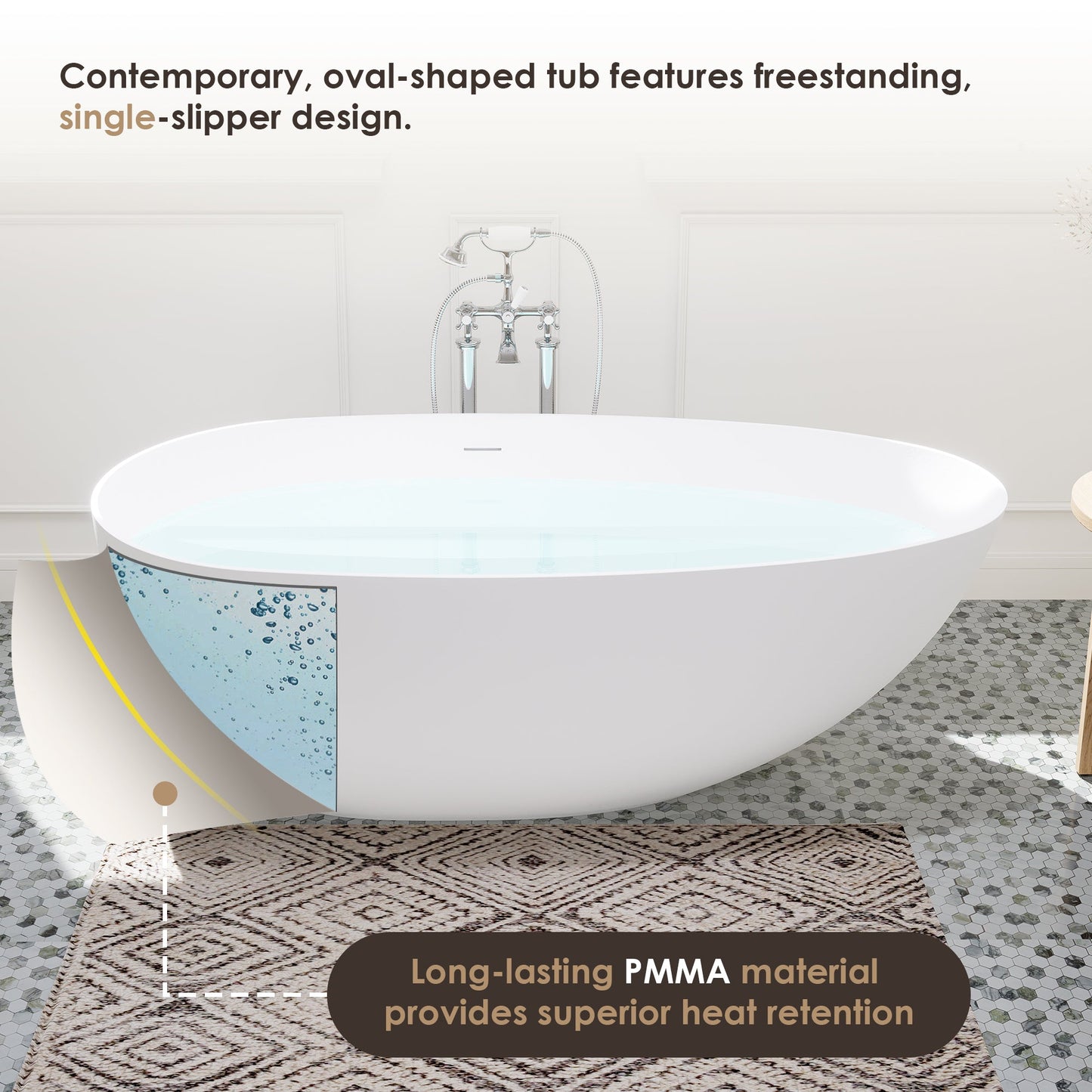 Giotto Solid Surface Soaking Bathtub in Matte White with Matte White Drain and Integrated Overflow