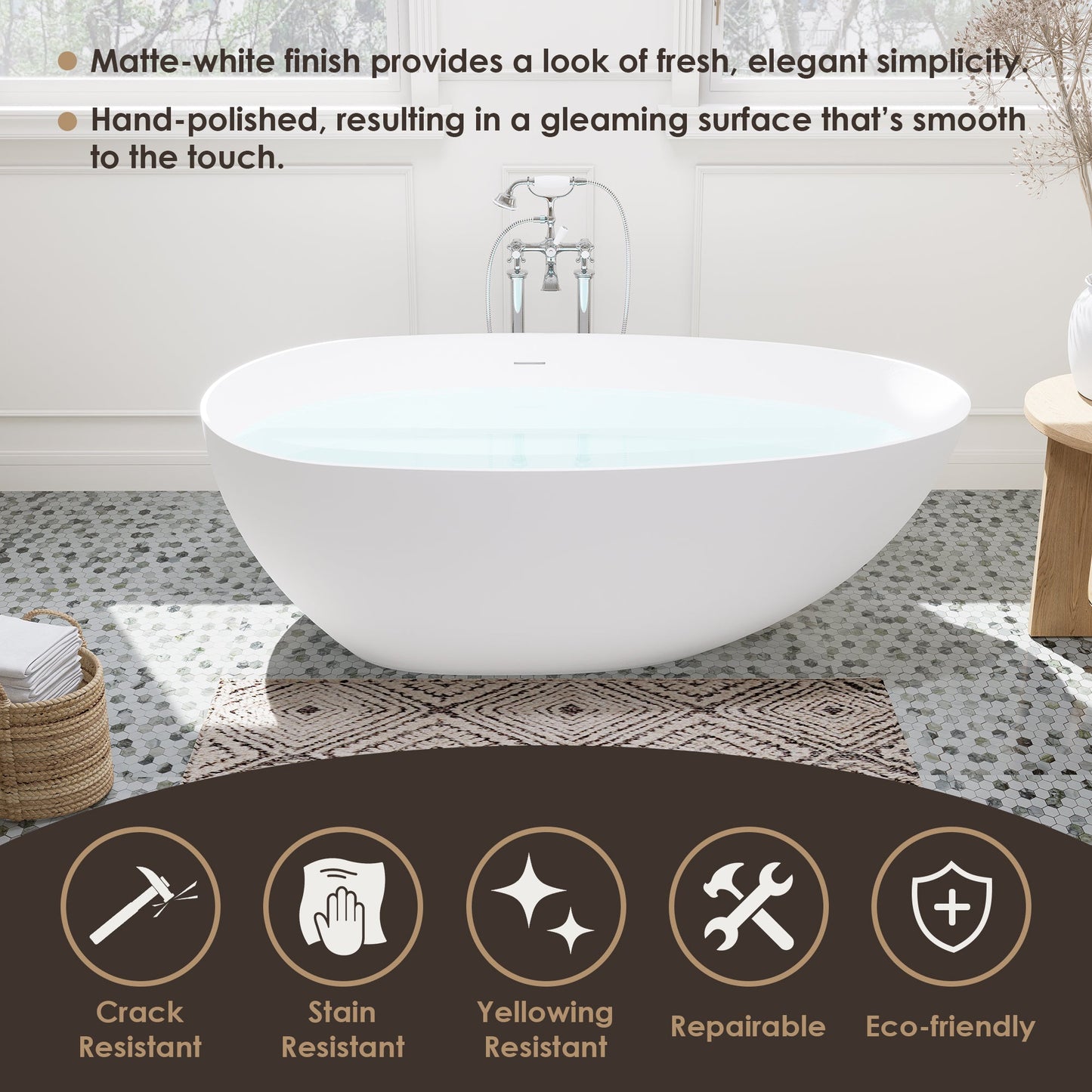 Giotto Solid Surface Soaking Bathtub in Matte White with Matte White Drain and Integrated Overflow