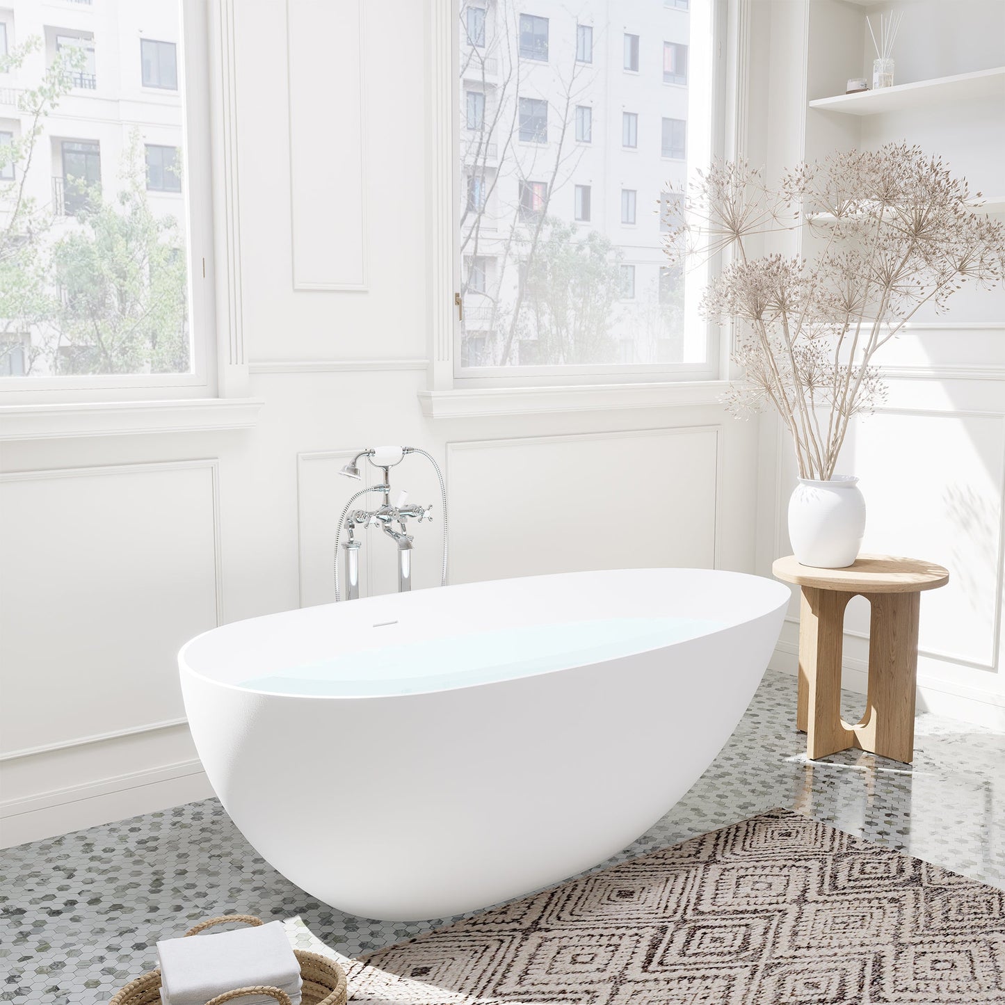 Giotto Solid Surface Soaking Bathtub in Matte White with Matte White Drain and Integrated Overflow
