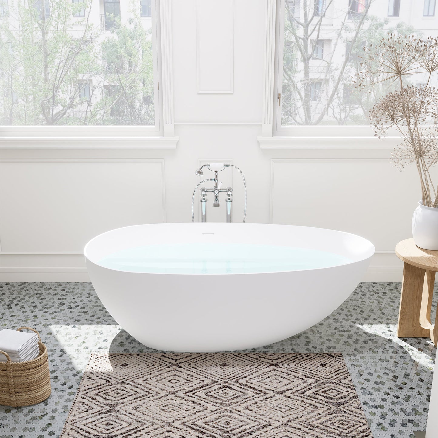 Giotto Solid Surface Soaking Bathtub in Matte White with Matte White Drain and Integrated Overflow
