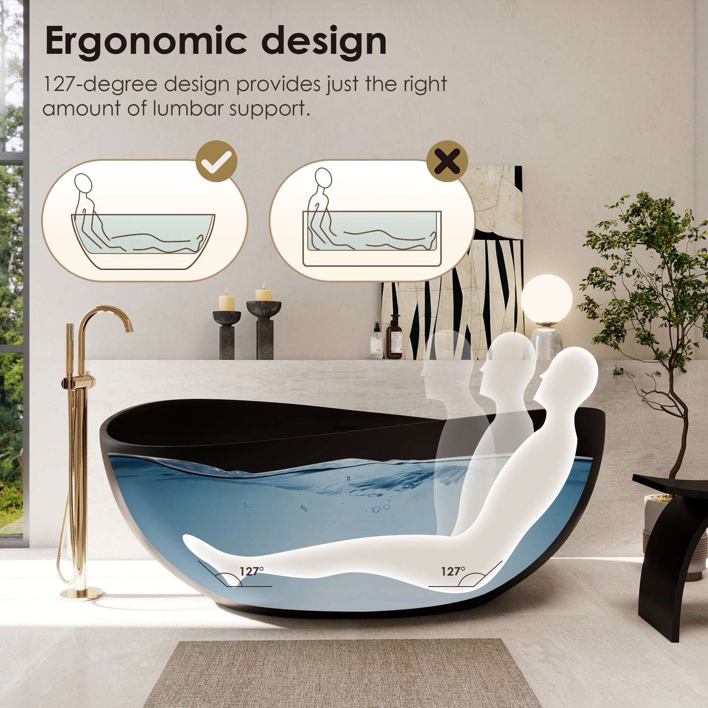 Vespa 63" x 39" Solid Surface Soaking Bathtub with Drain and Integrated Overflow