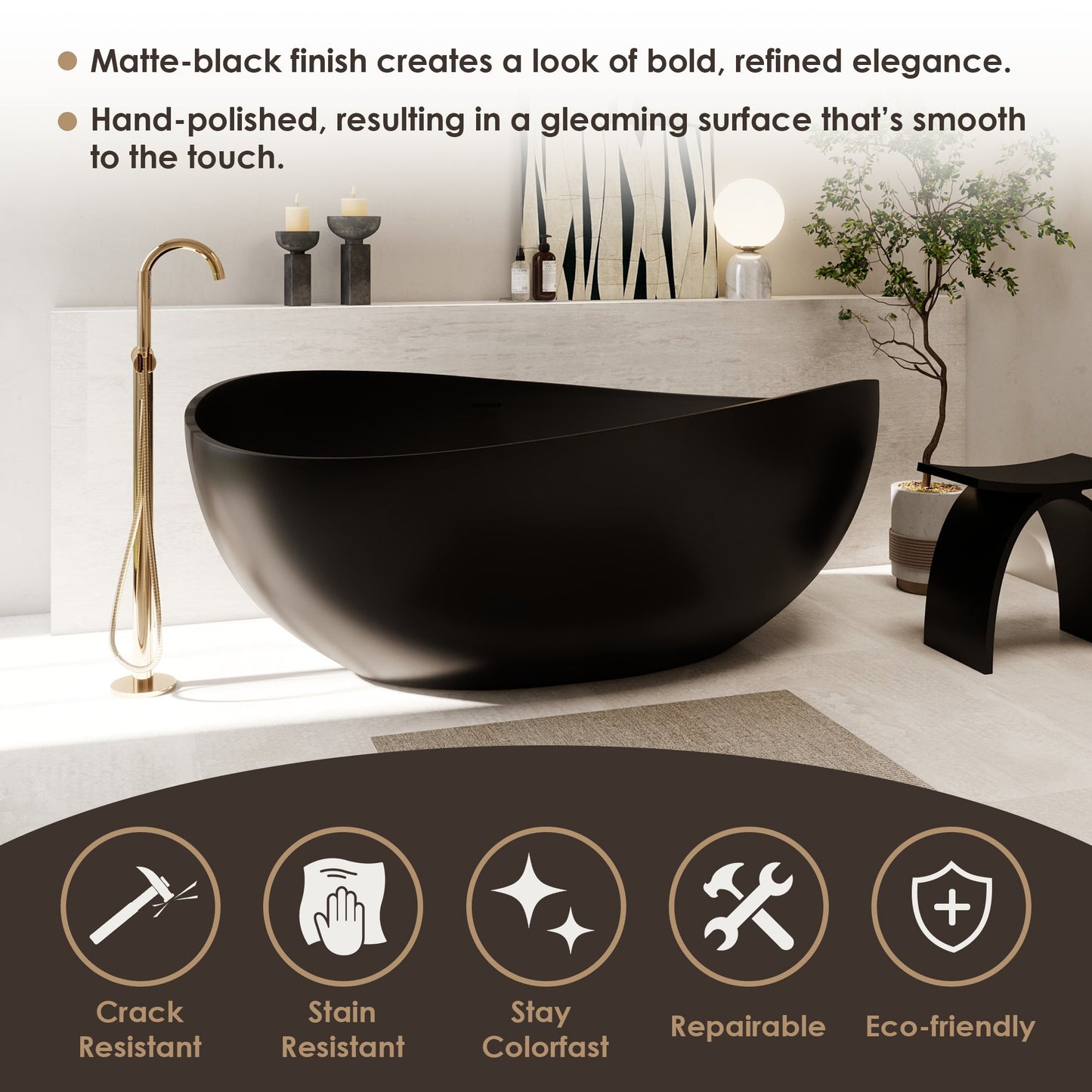 Vespa 63" x 39" Solid Surface Soaking Bathtub with Drain and Integrated Overflow