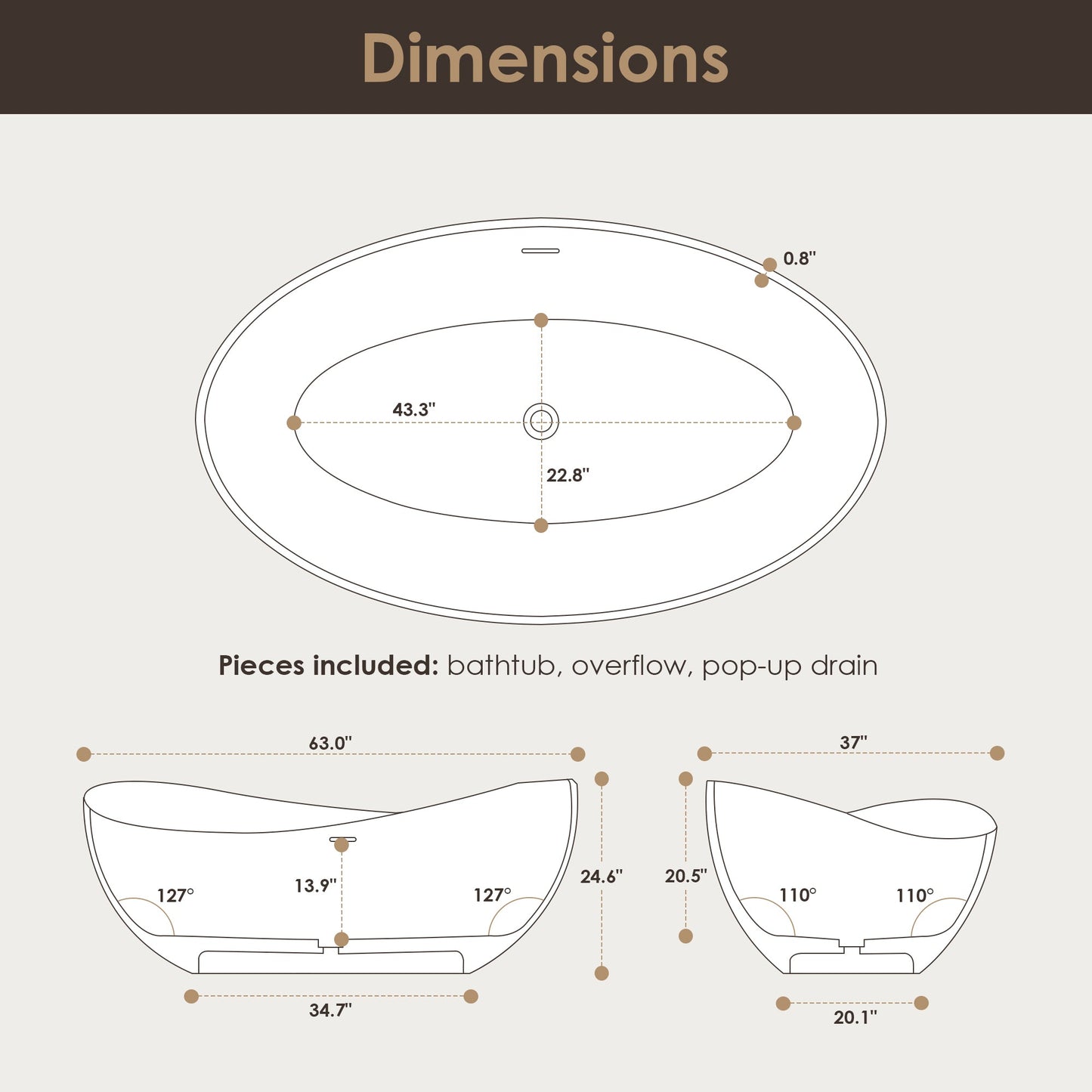 Vespa 63" x 39" Solid Surface Soaking Bathtub with Drain and Integrated Overflow