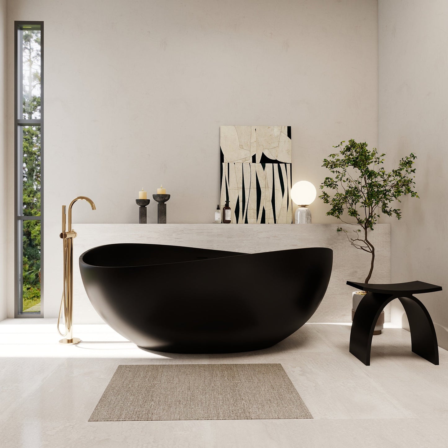 Vespa 63" x 39" Solid Surface Soaking Bathtub with Drain and Integrated Overflow