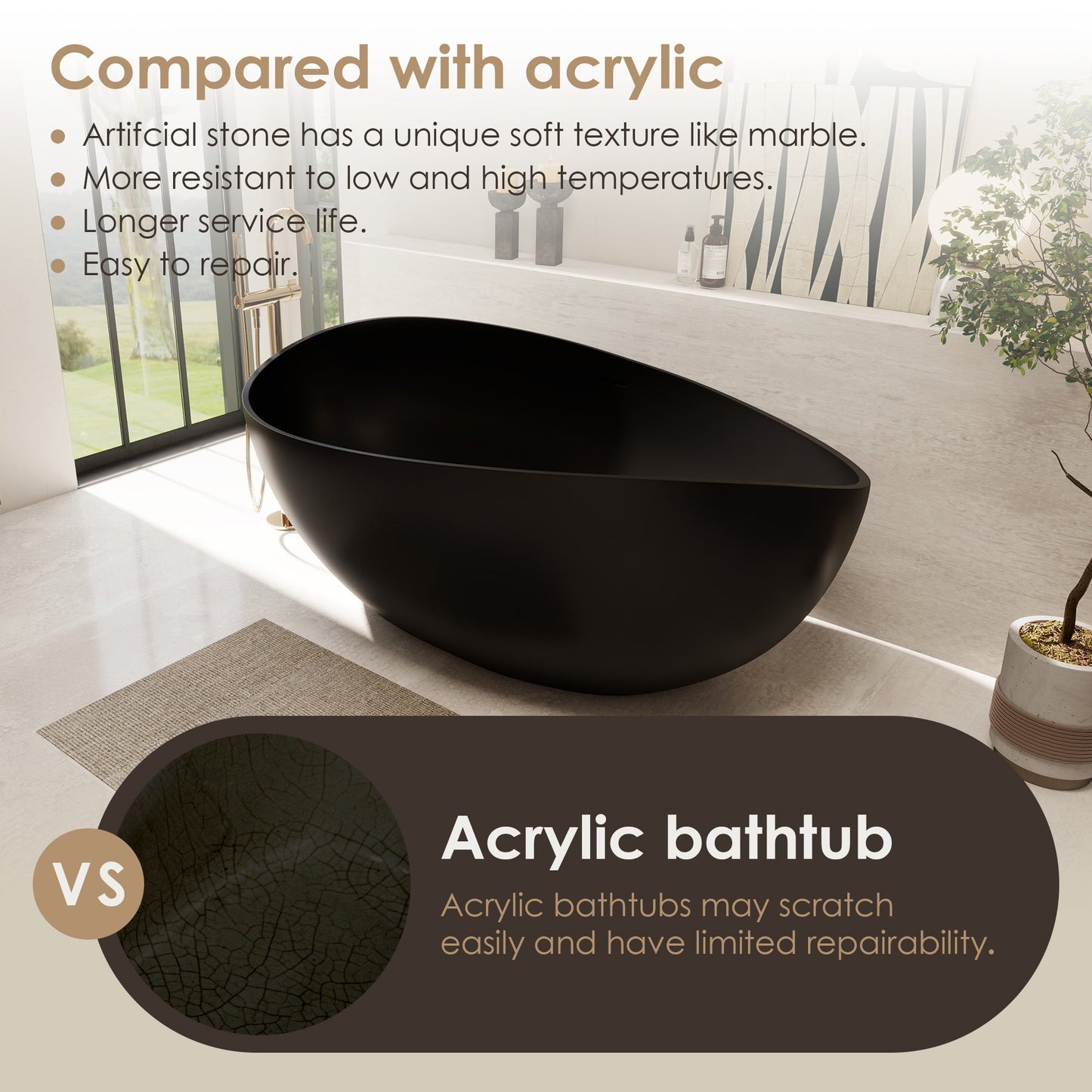 Vespa 63" x 39" Solid Surface Soaking Bathtub with Drain and Integrated Overflow