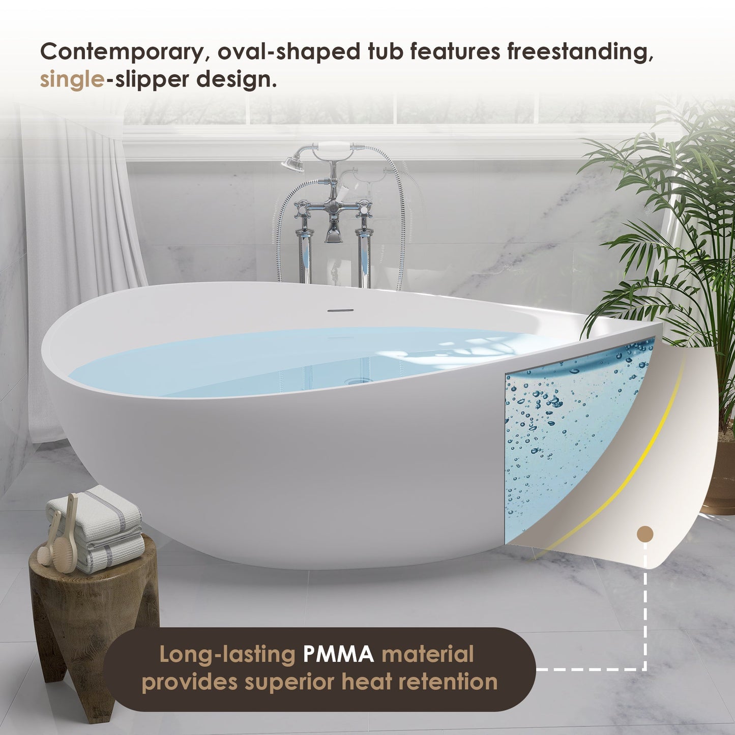 Vespa 63" x 39" Solid Surface Soaking Bathtub with Drain and Integrated Overflow