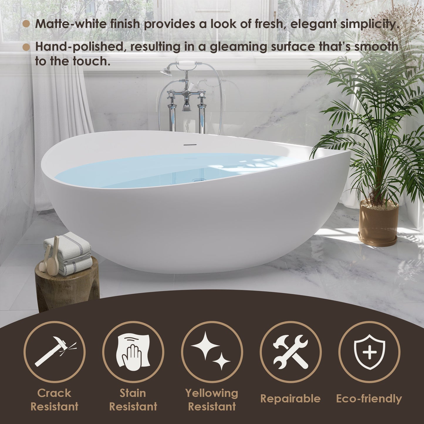 Vespa 63" x 39" Solid Surface Soaking Bathtub with Drain and Integrated Overflow