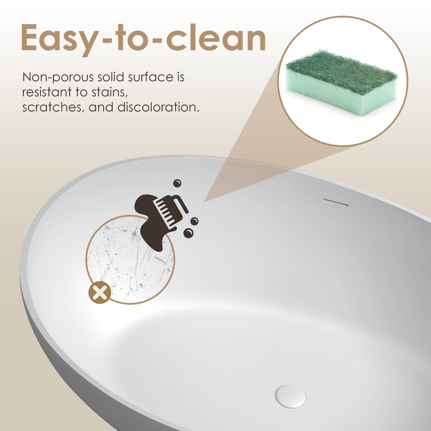 Vespa 63" x 39" Solid Surface Soaking Bathtub with Drain and Integrated Overflow