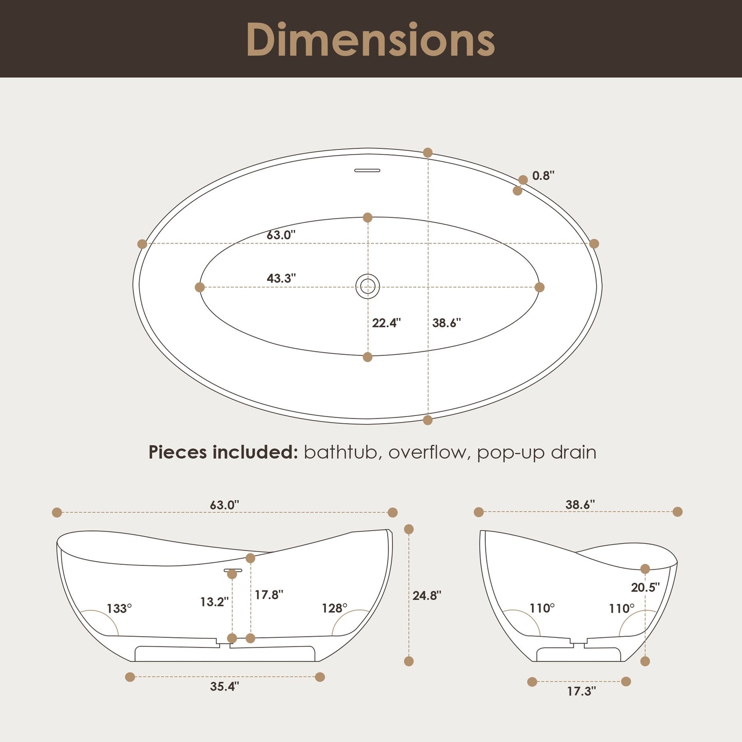 Vespa 63" x 39" Solid Surface Soaking Bathtub with Drain and Integrated Overflow
