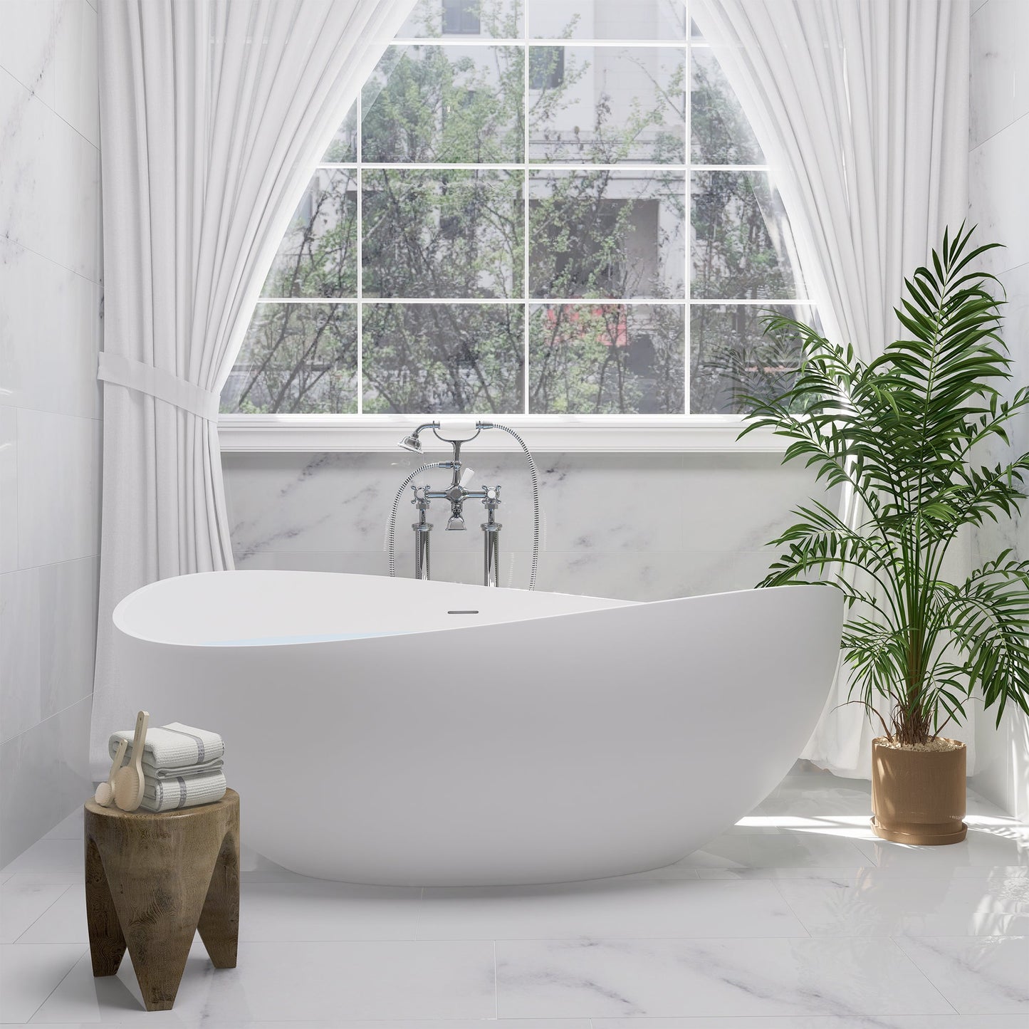 Vespa 63" x 39" Solid Surface Soaking Bathtub with Drain and Integrated Overflow