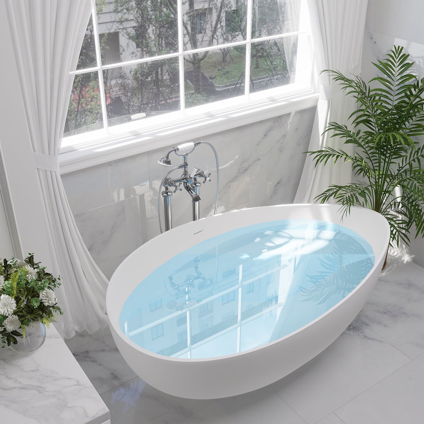 Vespa 63" x 39" Solid Surface Soaking Bathtub with Drain and Integrated Overflow