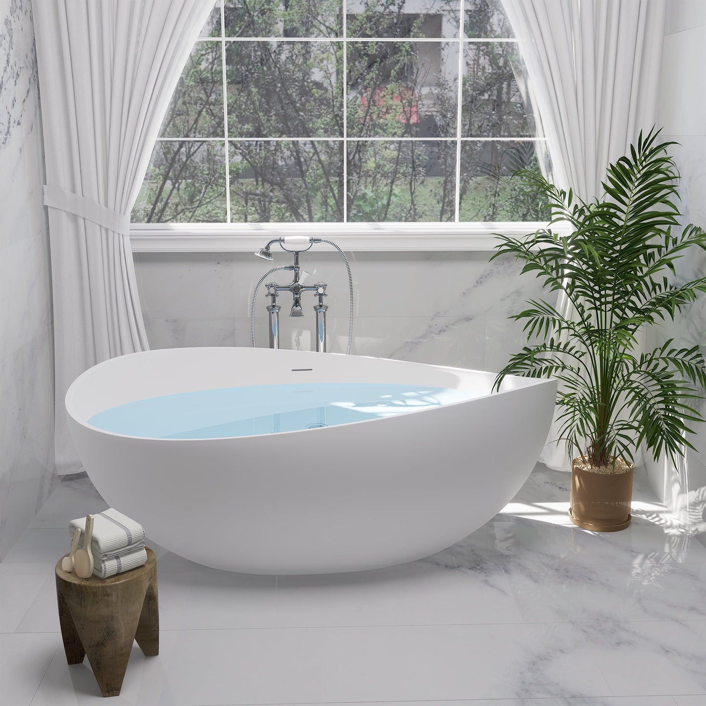 Vespa 63" x 39" Solid Surface Soaking Bathtub with Drain and Integrated Overflow