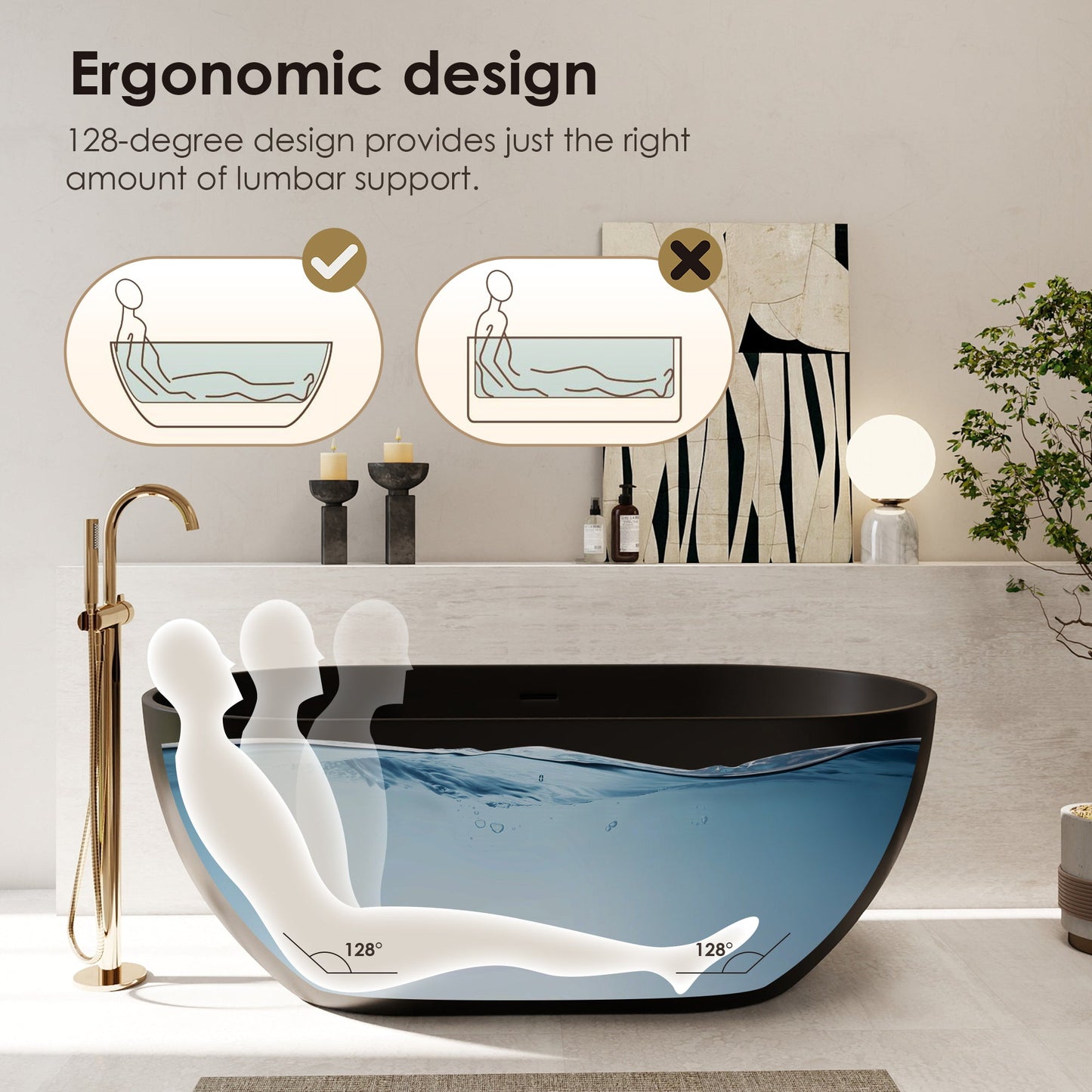 Ryder Solid Surface Soaking Bathtub with Drain and Integrated Overflow