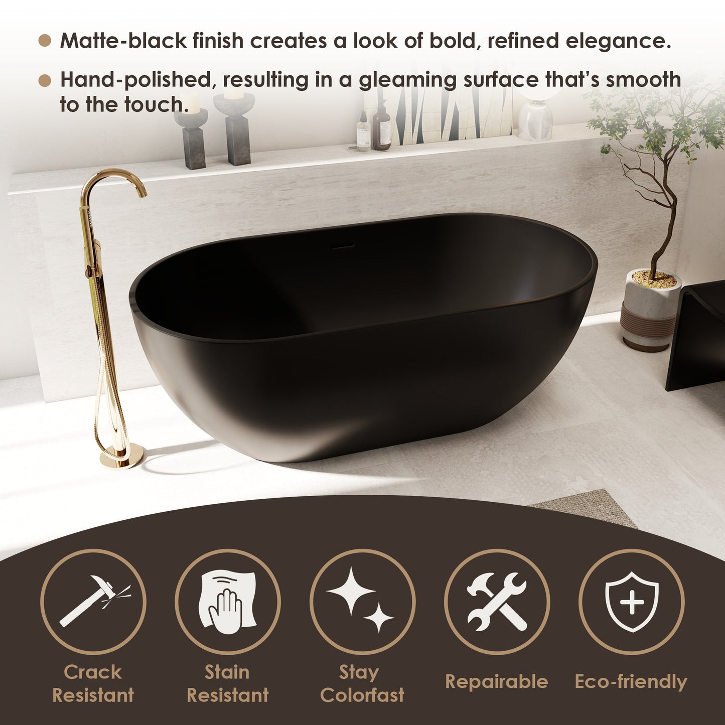 Ryder Solid Surface Soaking Bathtub with Drain and Integrated Overflow