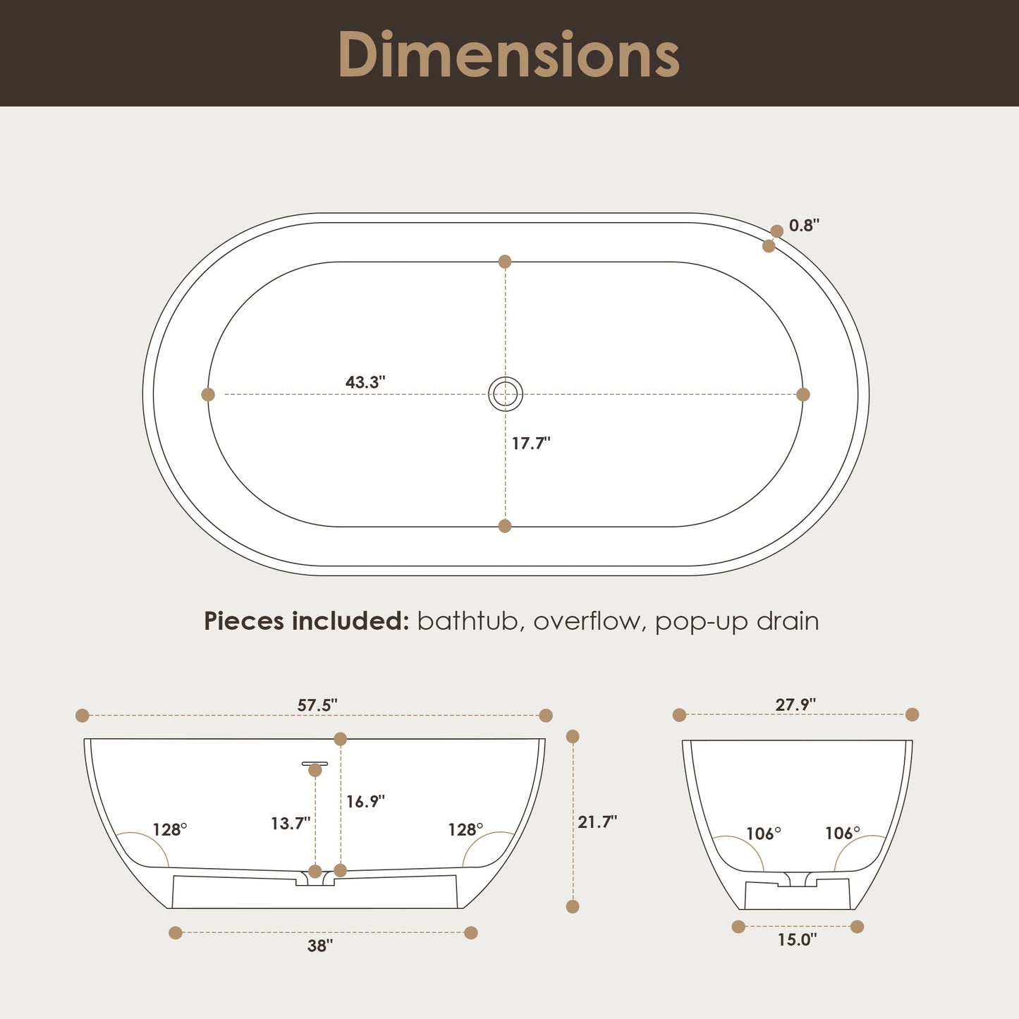 Ryder Solid Surface Soaking Bathtub with Drain and Integrated Overflow