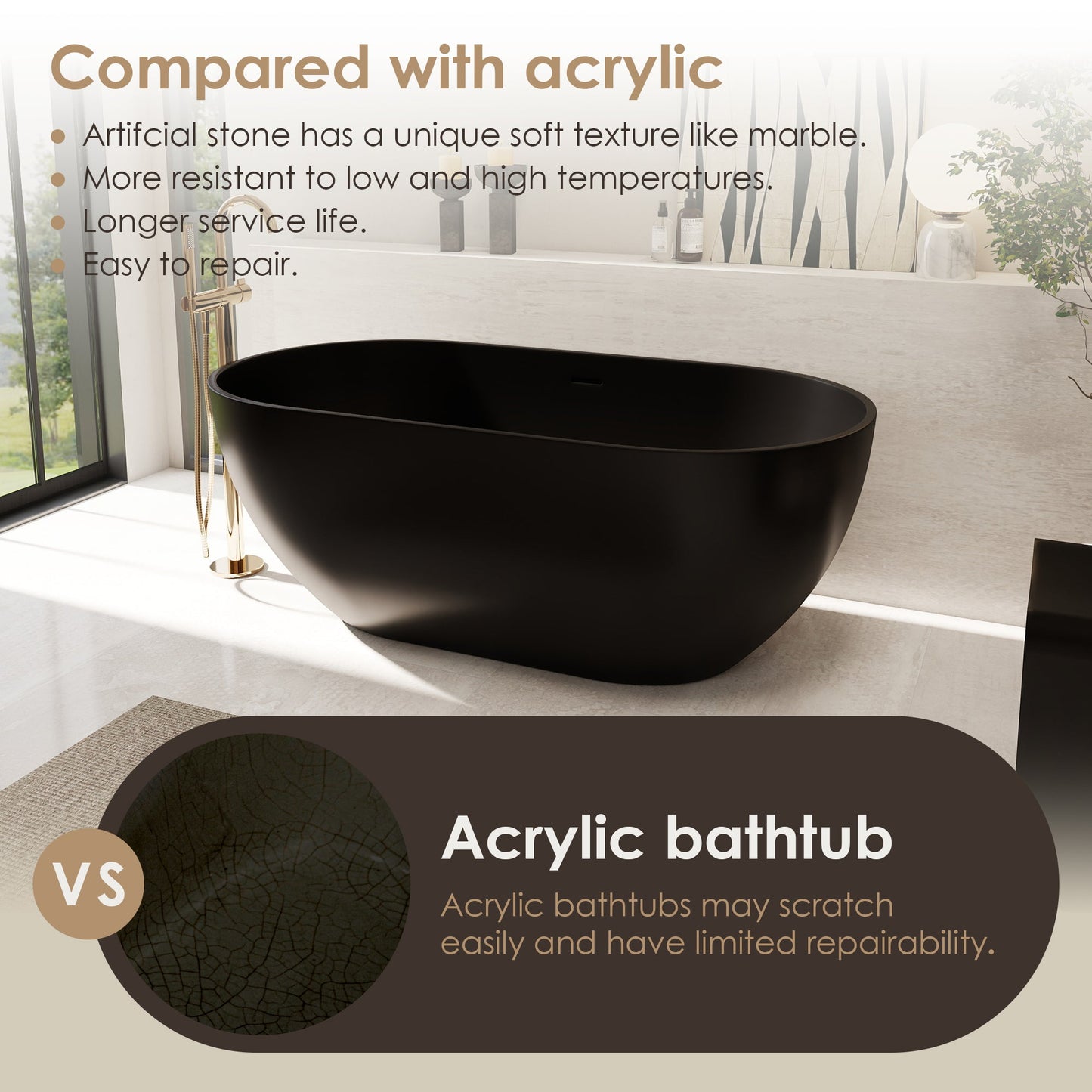 Ryder Solid Surface Soaking Bathtub with Drain and Integrated Overflow