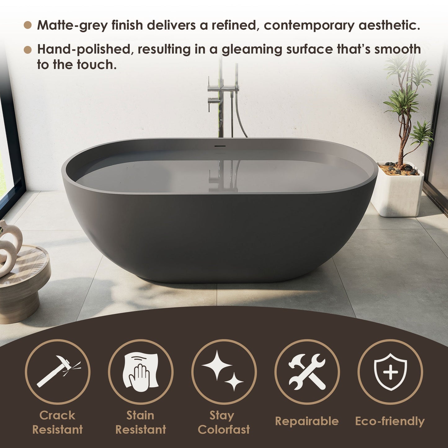 Ryder Solid Surface Soaking Bathtub with Drain and Integrated Overflow