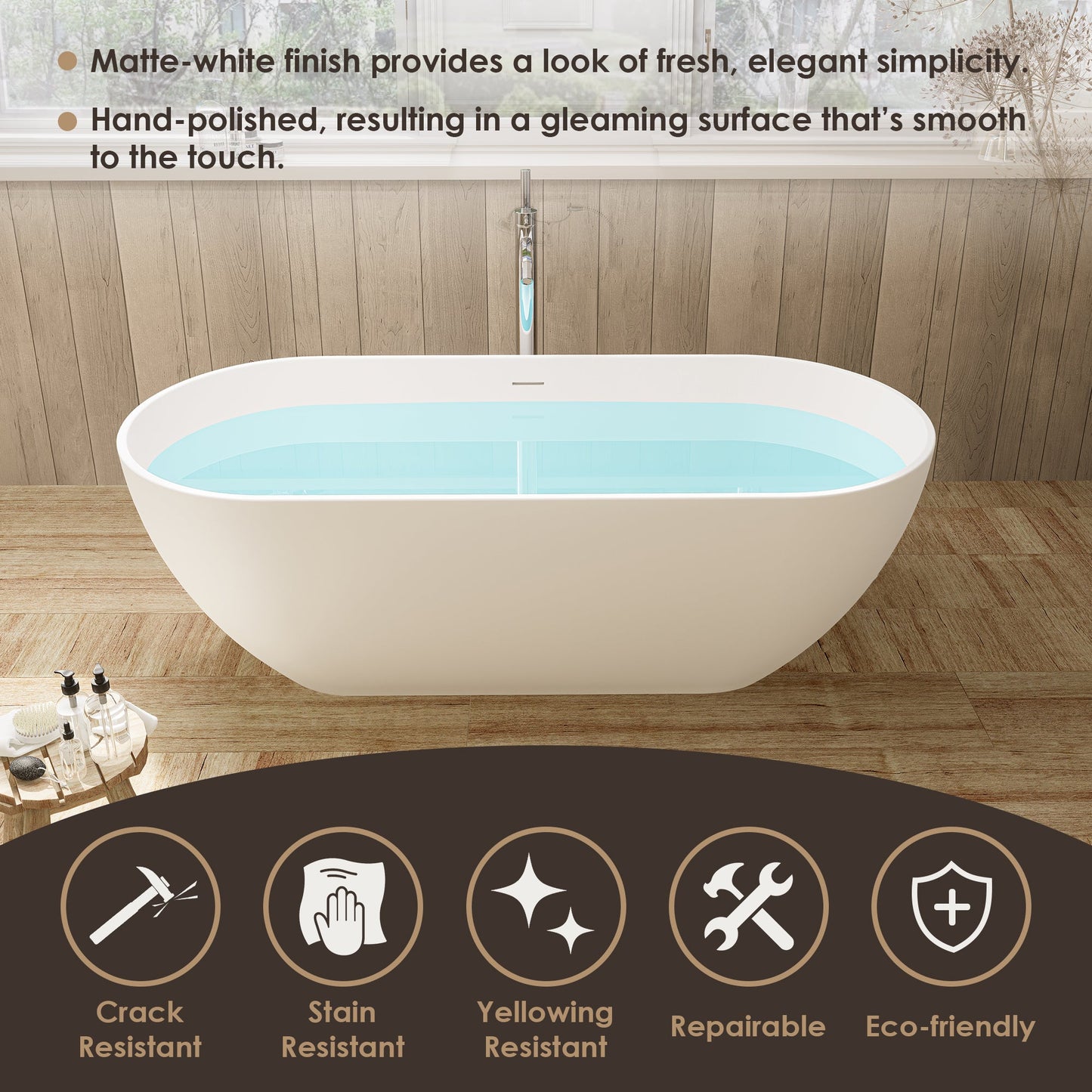 Ryder Solid Surface Soaking Bathtub with Drain and Integrated Overflow