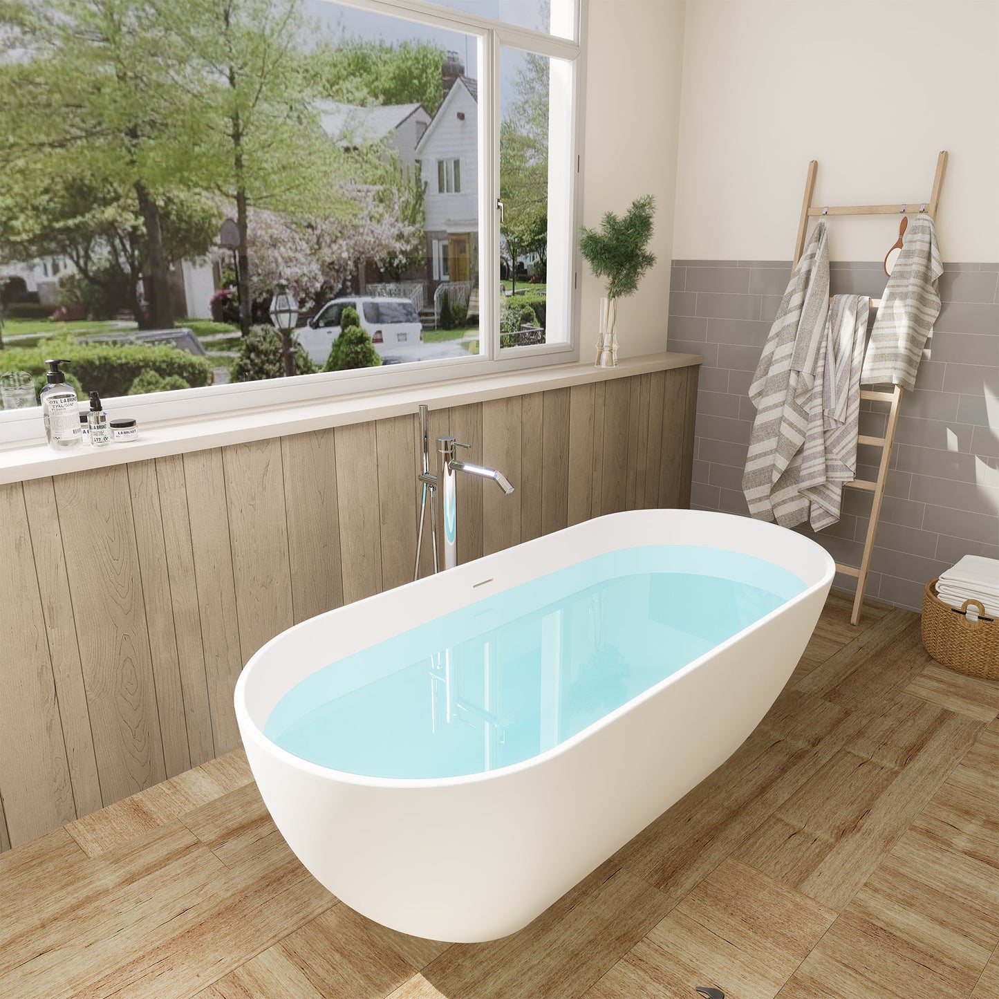Ryder Solid Surface Soaking Bathtub with Drain and Integrated Overflow