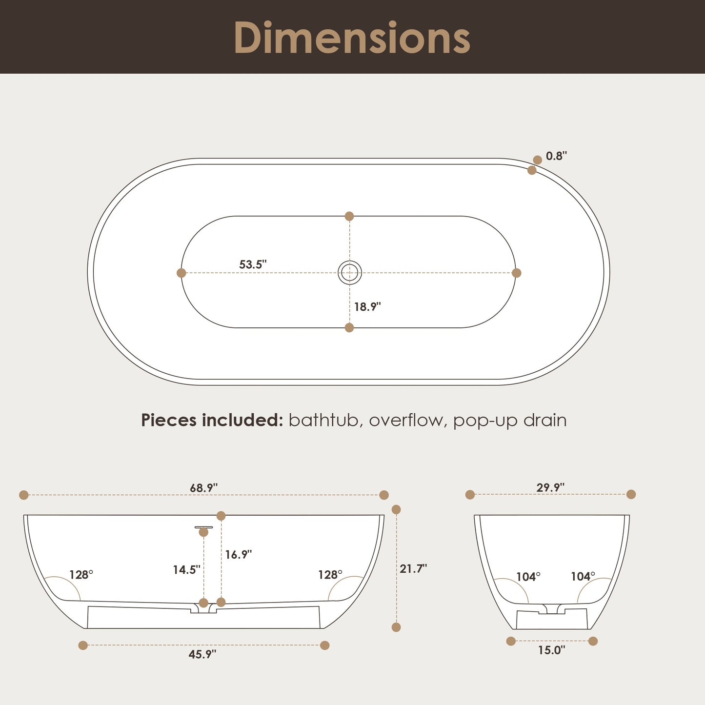 Ryder Solid Surface Soaking Bathtub with Drain and Integrated Overflow