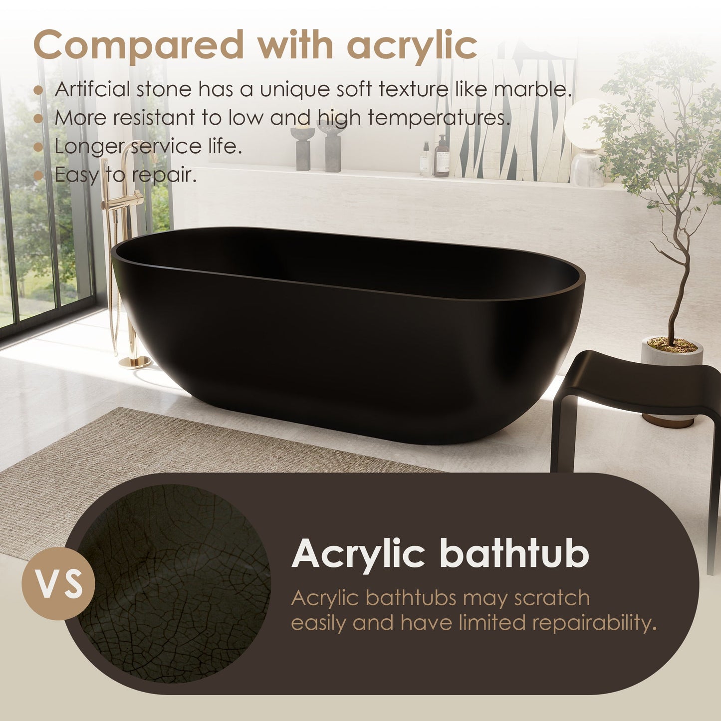 Ryder Solid Surface Soaking Bathtub with Drain and Integrated Overflow